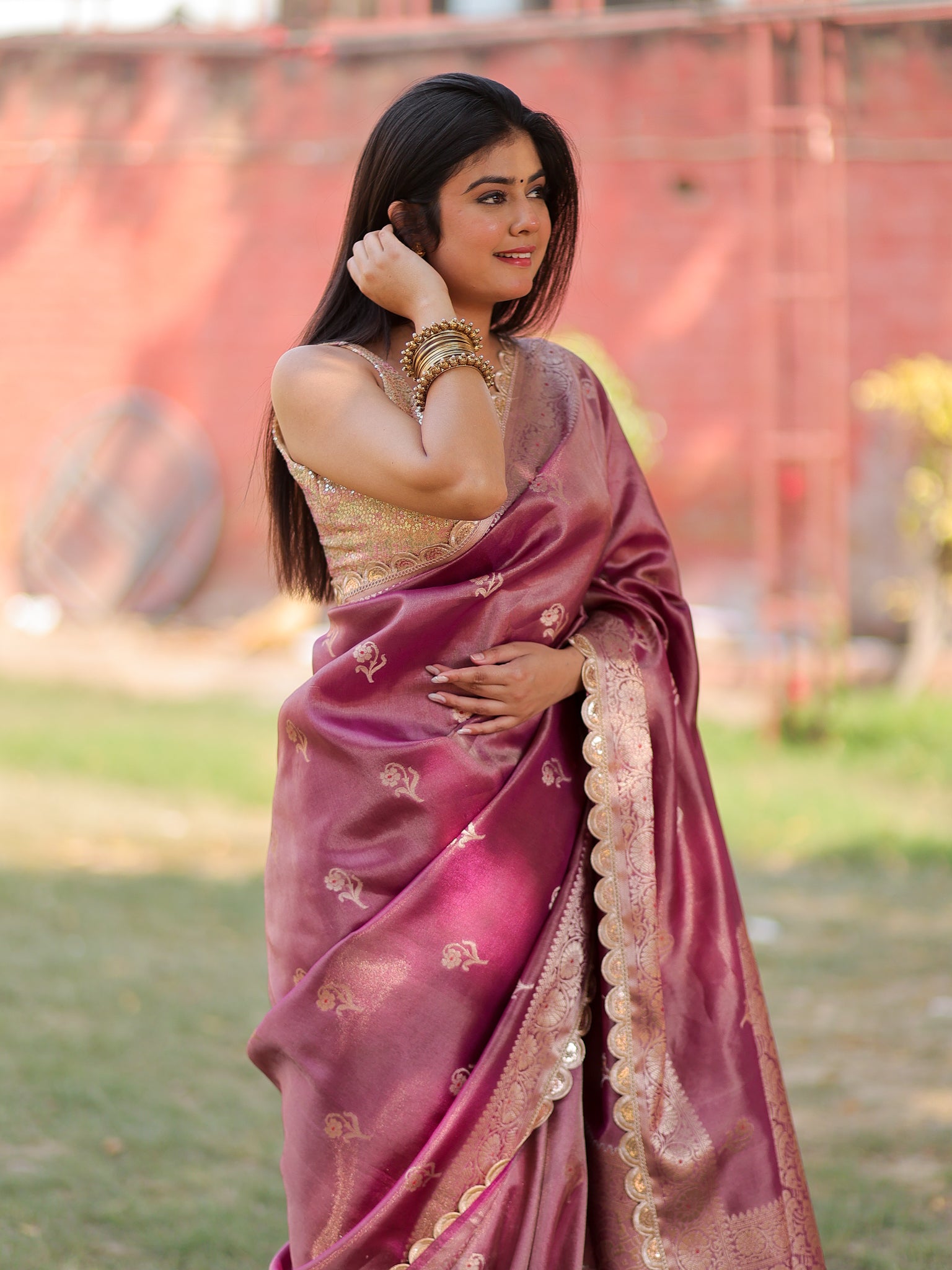 Banarasi Tissue Saree With Zari Weaving & Lace Border- Mauve