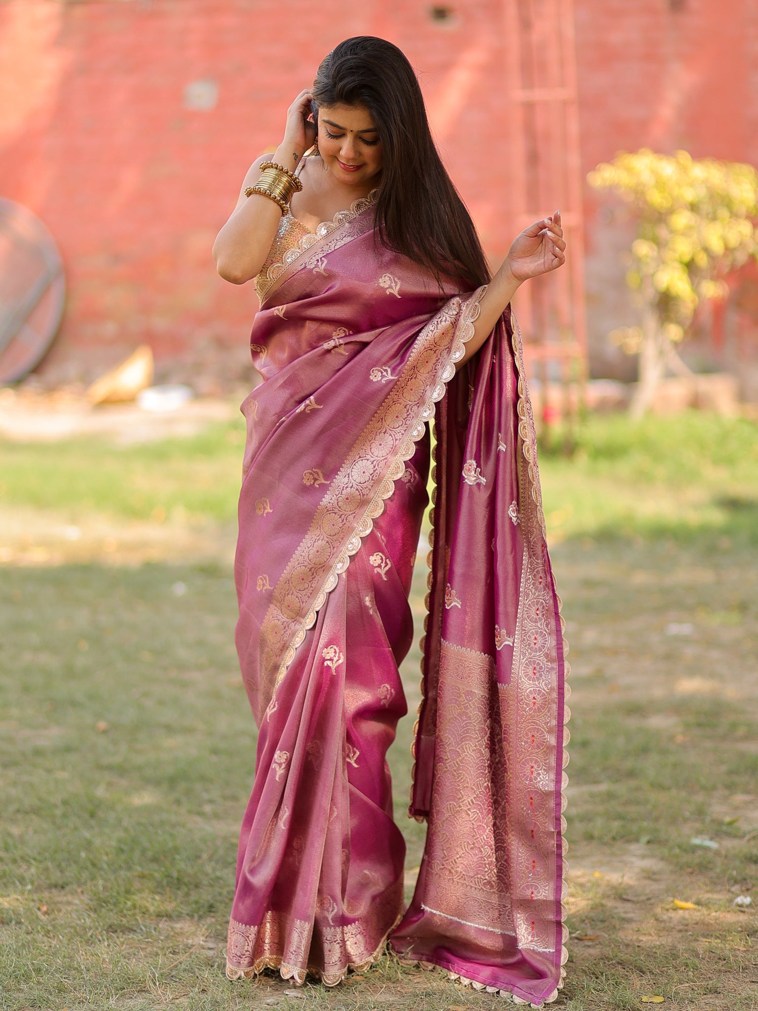 Banarasi Tissue Saree With Zari Weaving & Lace Border- Mauve