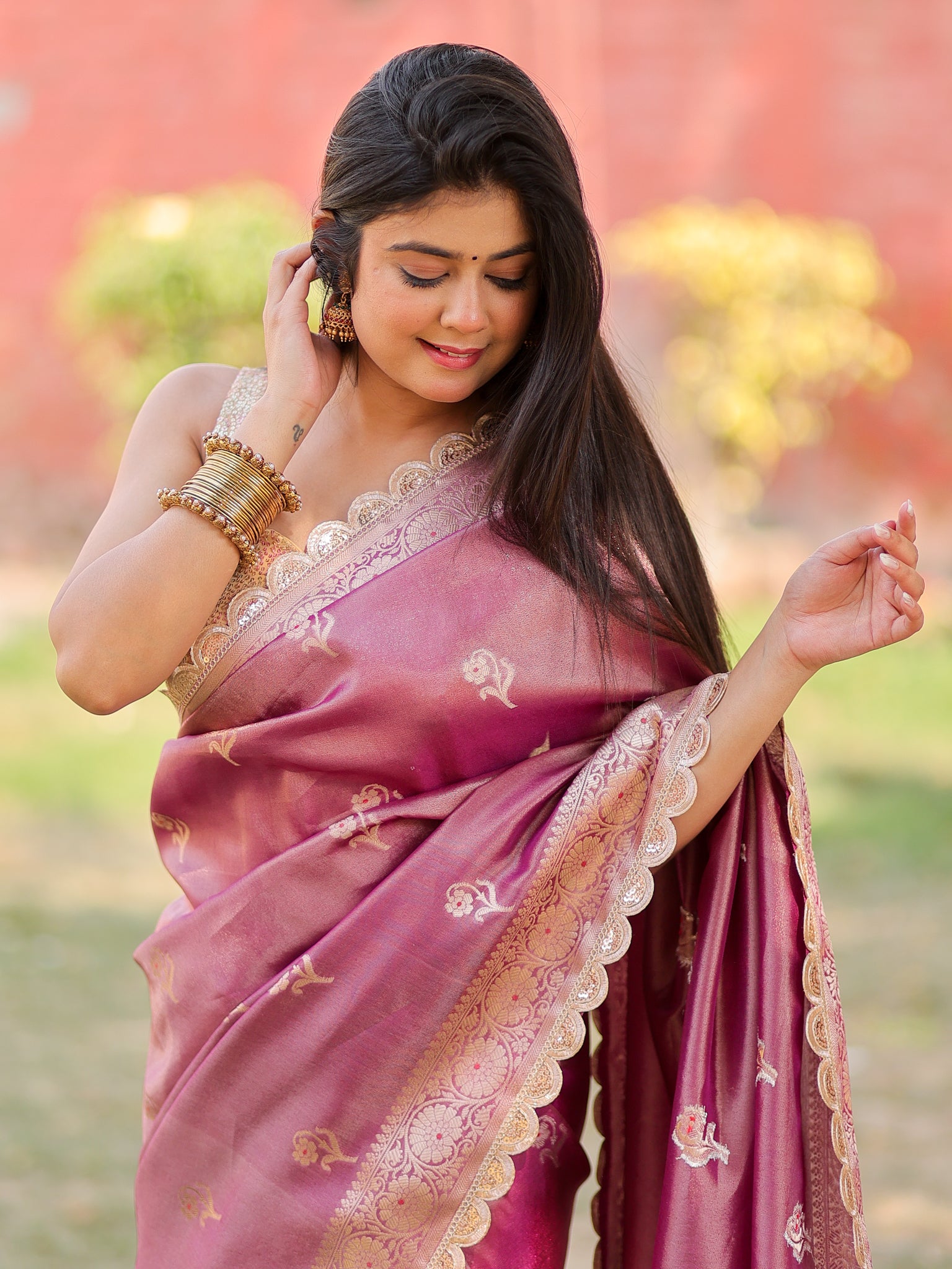 Banarasi Tissue Saree With Zari Weaving & Lace Border- Mauve