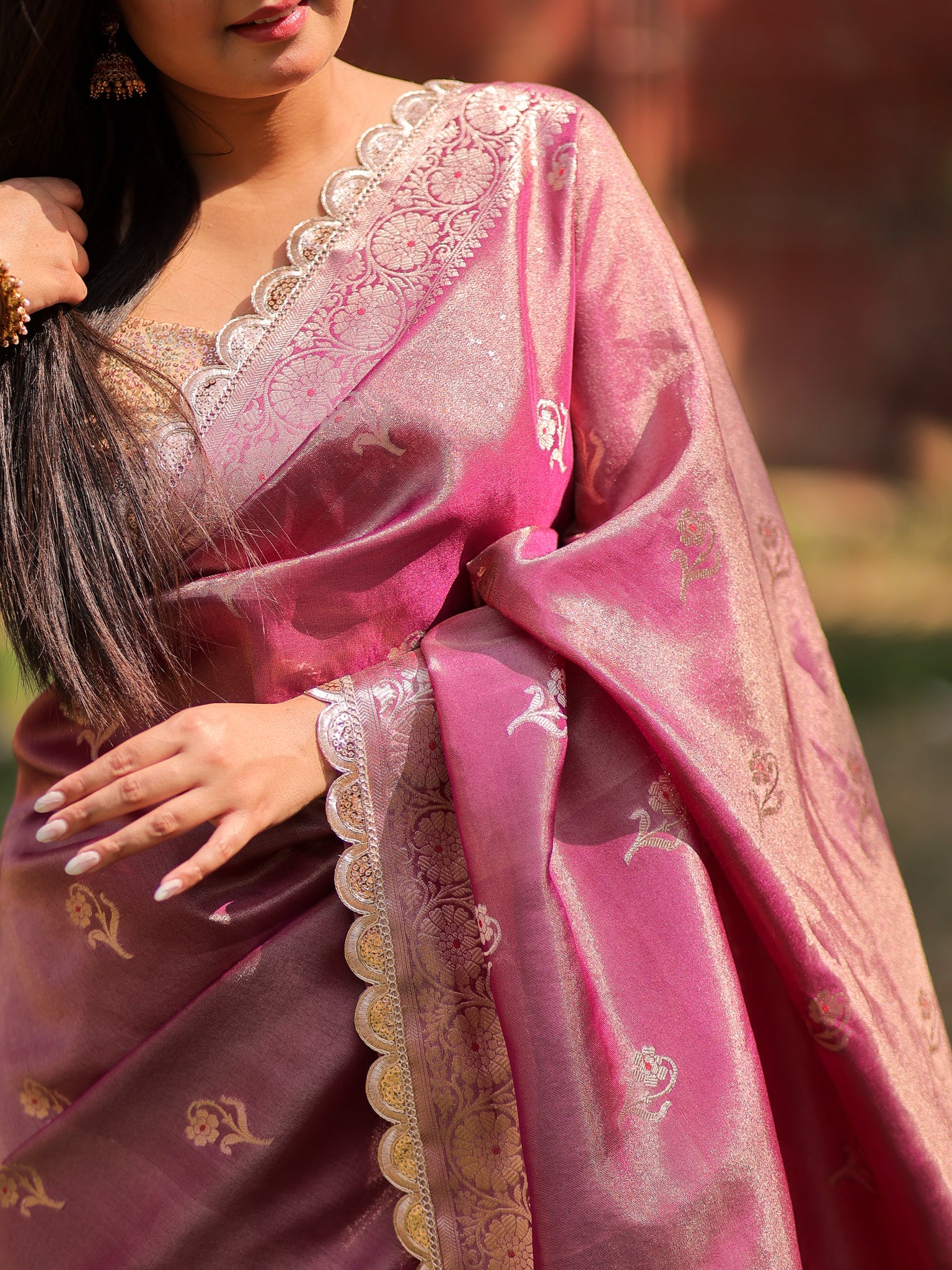 Banarasi Tissue Saree With Zari Weaving & Lace Border- Mauve