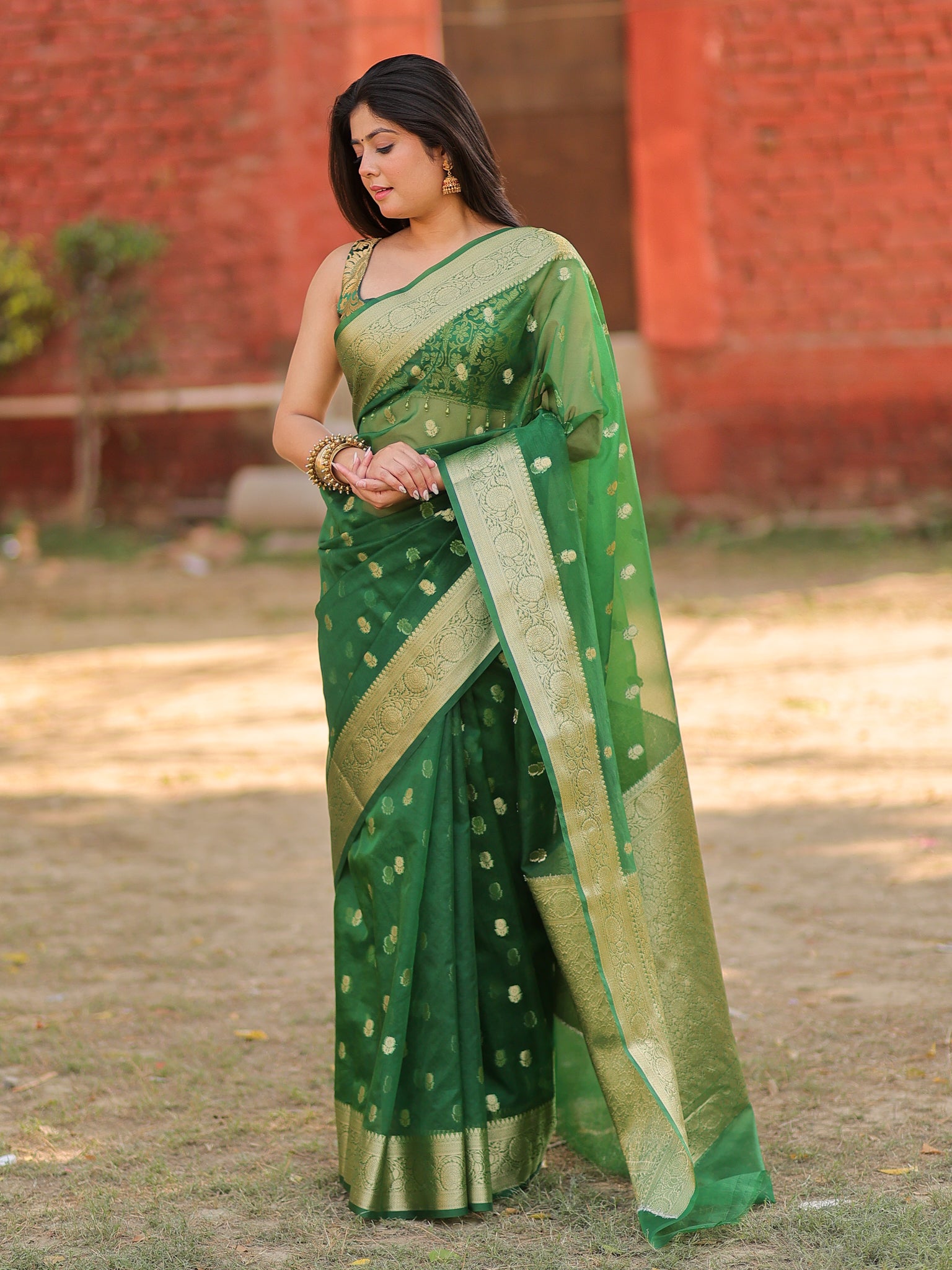 Banarasi Cotton Silk Saree With Zari Weaving & Border- Green