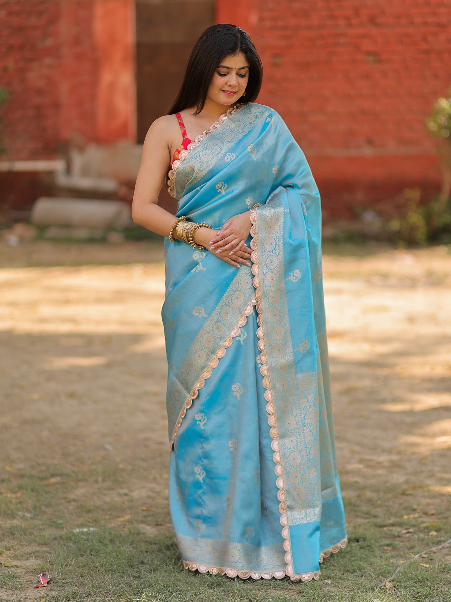 Banarasi Tissue Saree With Zari Weaving & Lace Border- Blue