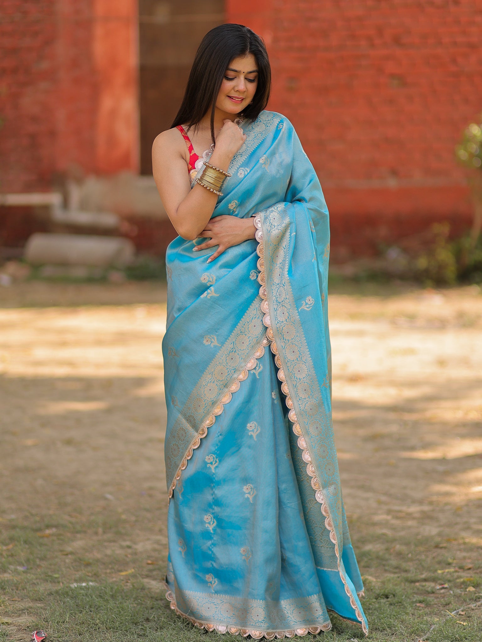 Banarasi Tissue Saree With Zari Weaving & Lace Border- Blue