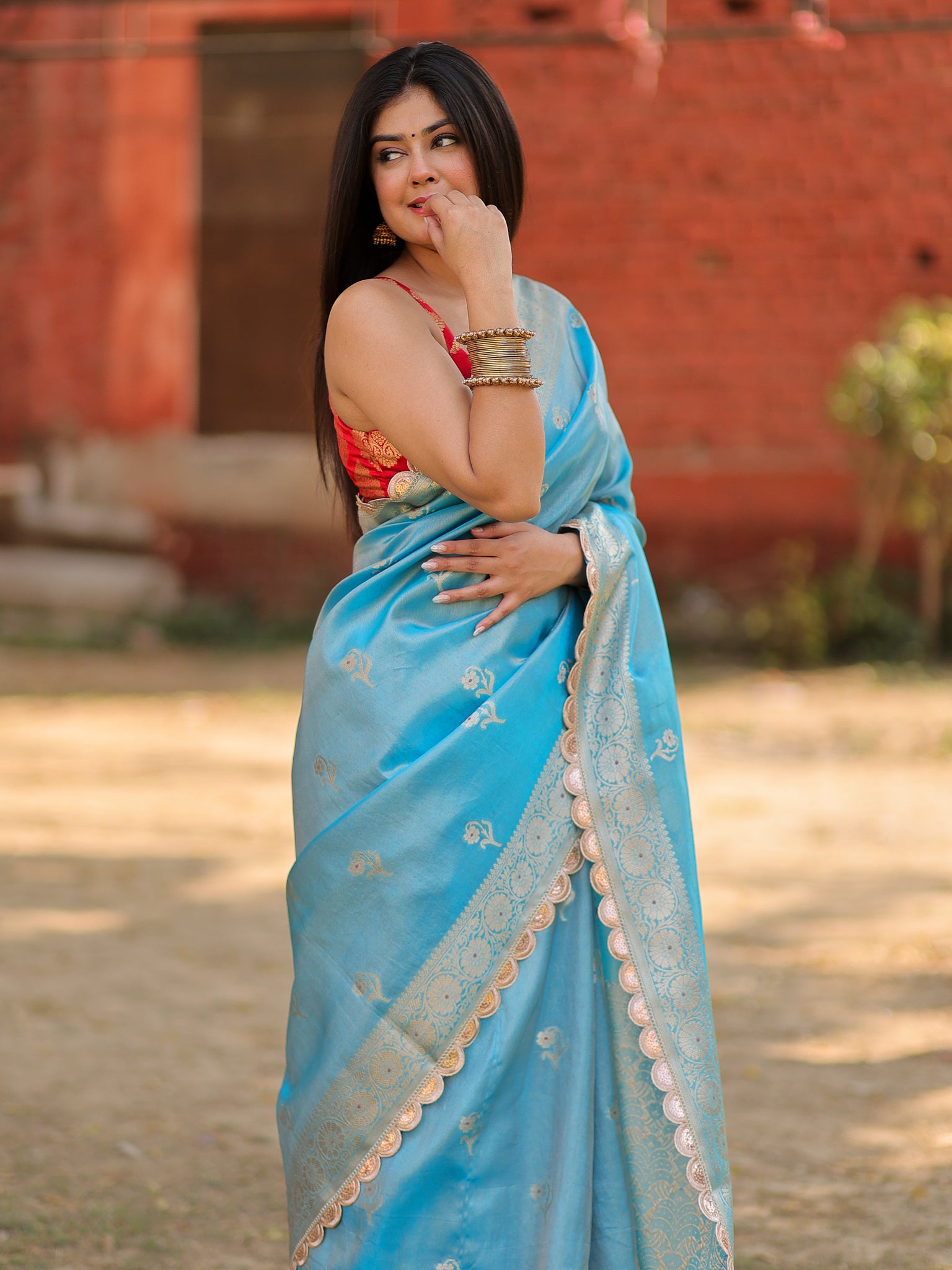 Banarasi Tissue Saree With Zari Weaving & Lace Border- Blue