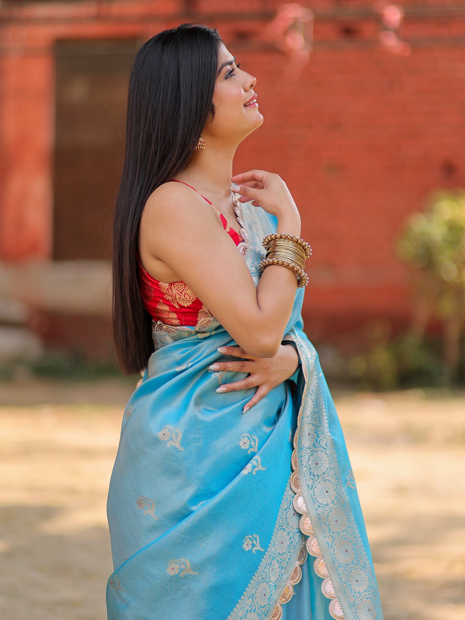 Banarasi Tissue Saree With Zari Weaving & Lace Border- Blue