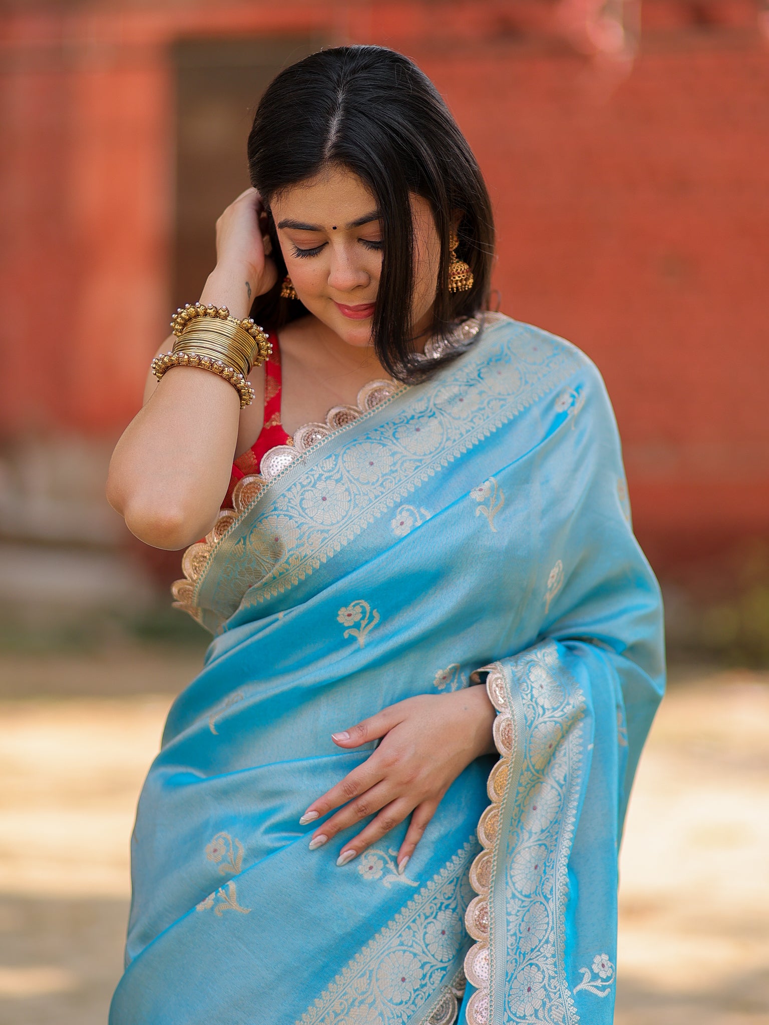 Banarasi Tissue Saree With Zari Weaving & Lace Border- Blue