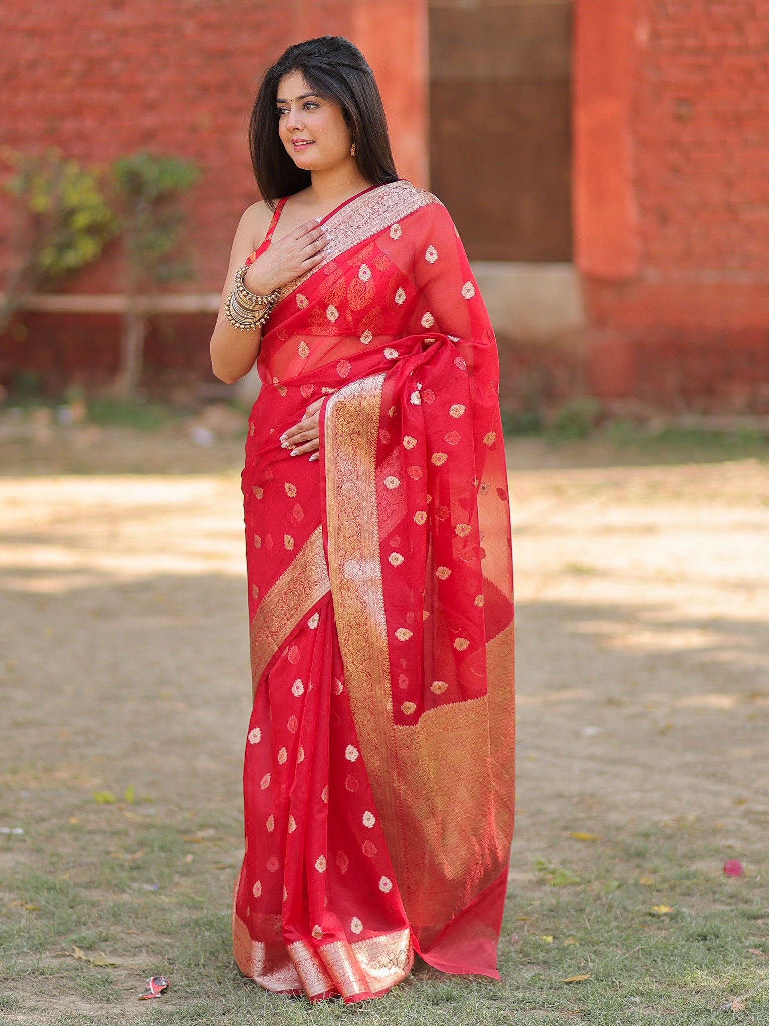 Banarasi Organza Mix Saree With Zari Weaving & Border- Red