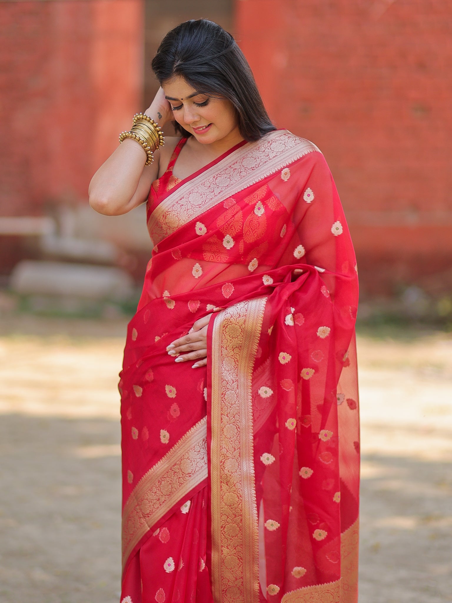 Banarasi Organza Mix Saree With Zari Weaving & Border- Red
