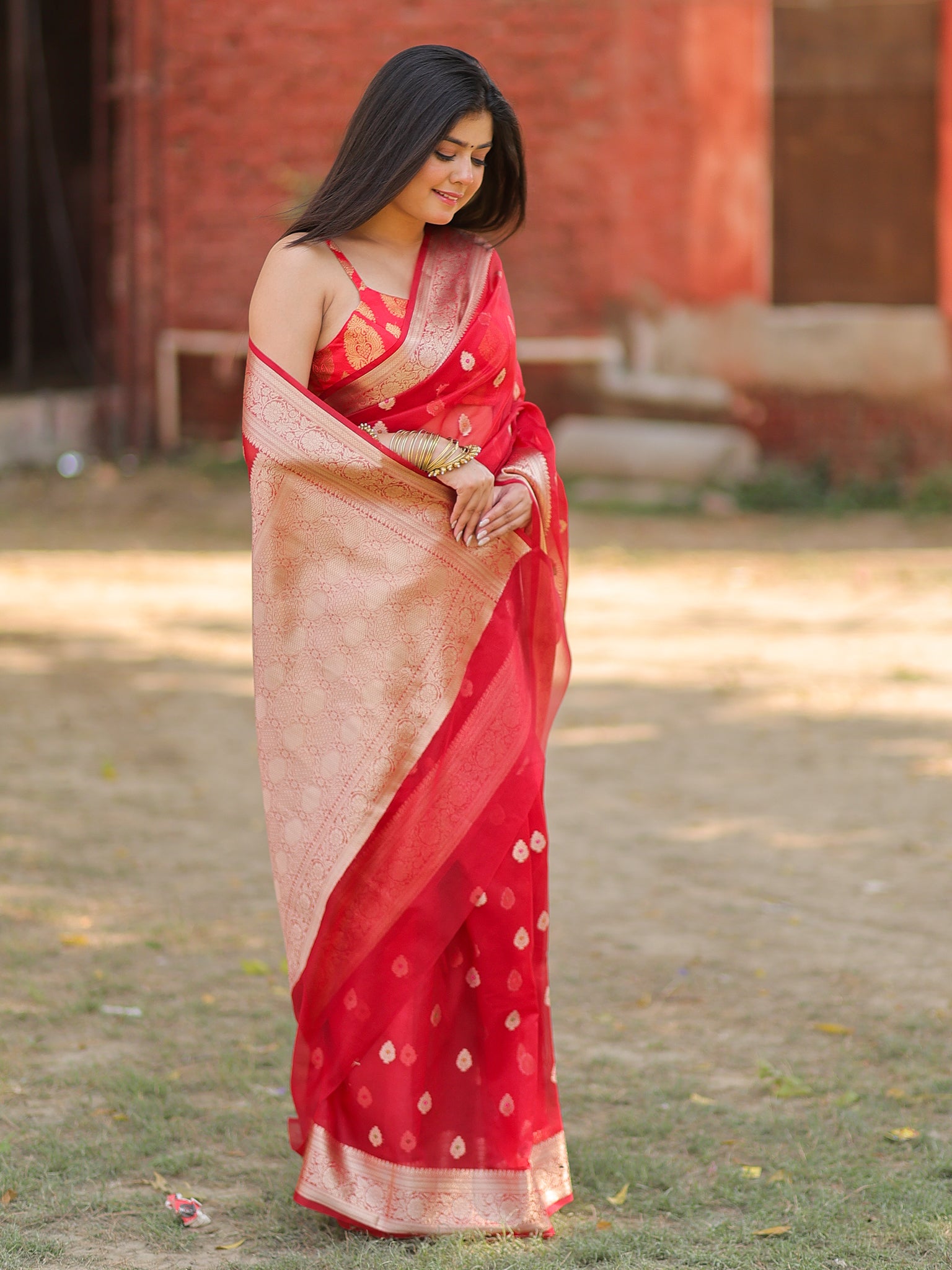 Banarasi Organza Mix Saree With Zari Weaving & Border- Red