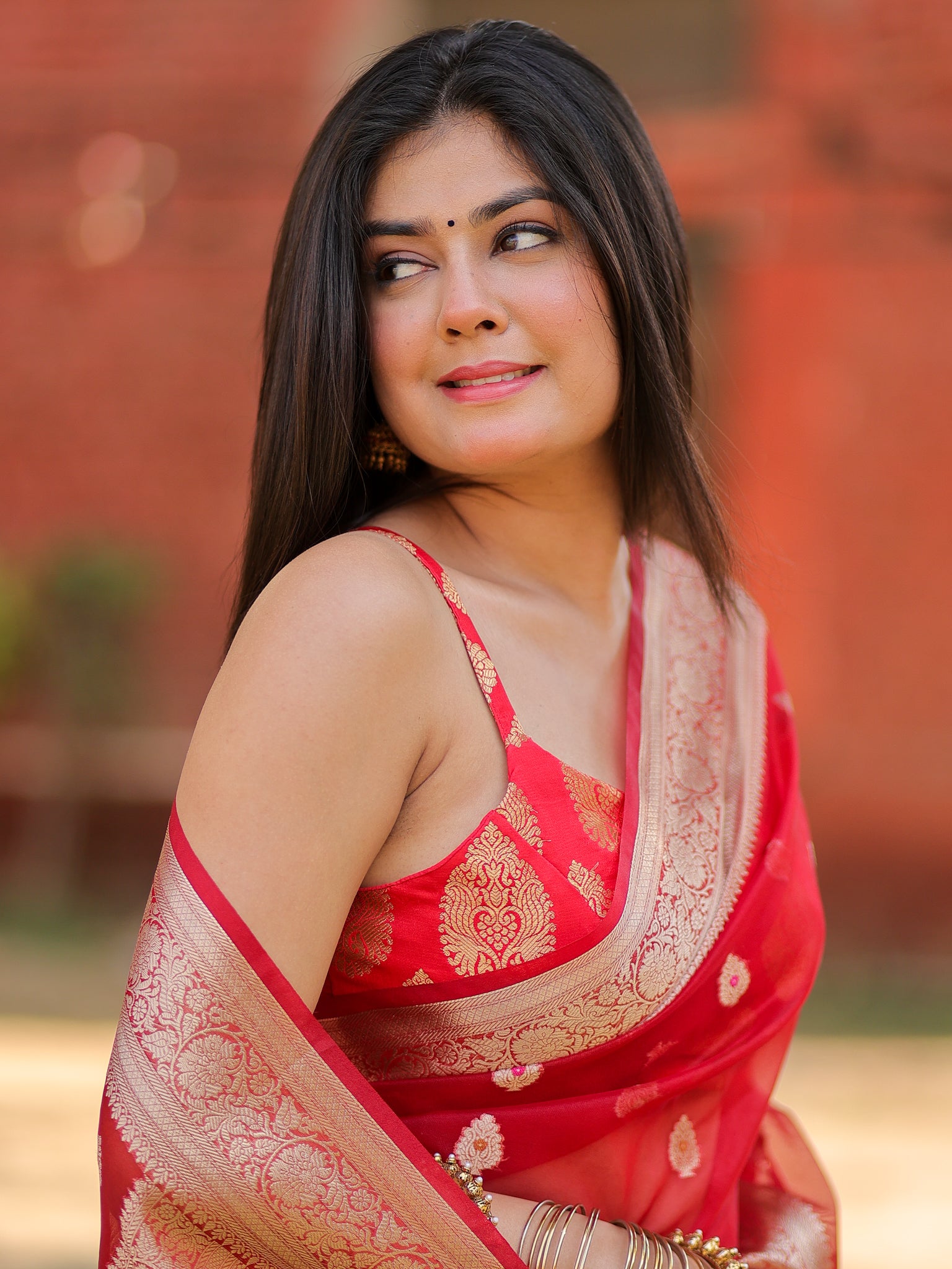 Banarasi Organza Mix Saree With Zari Weaving & Border- Red