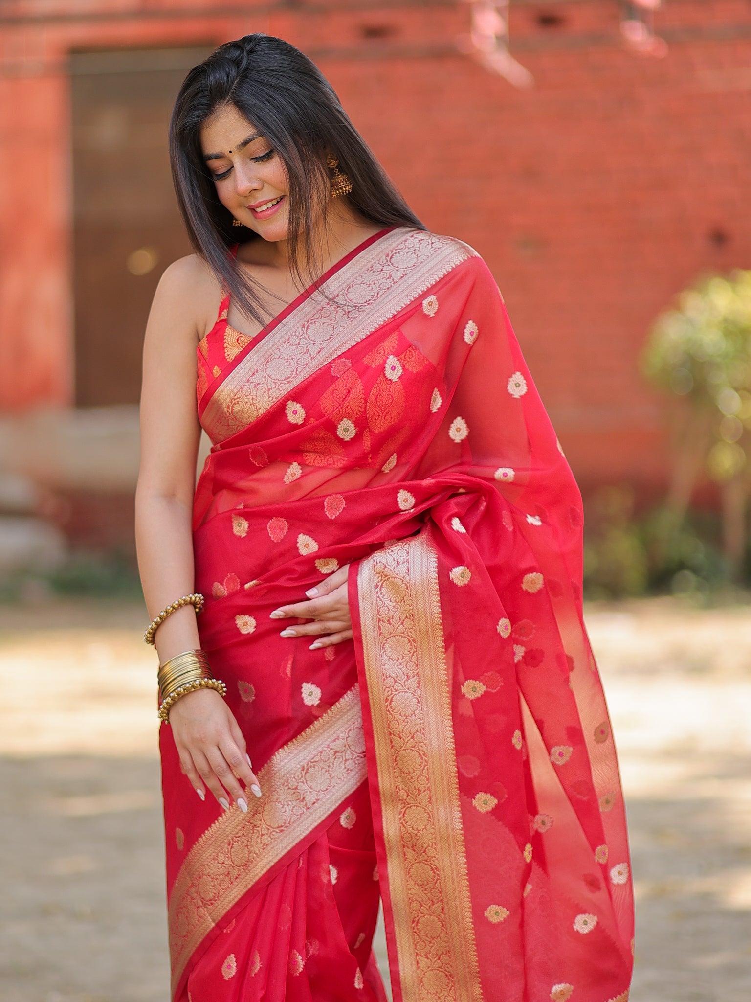 Banarasi Organza Mix Saree With Zari Weaving & Border- Red