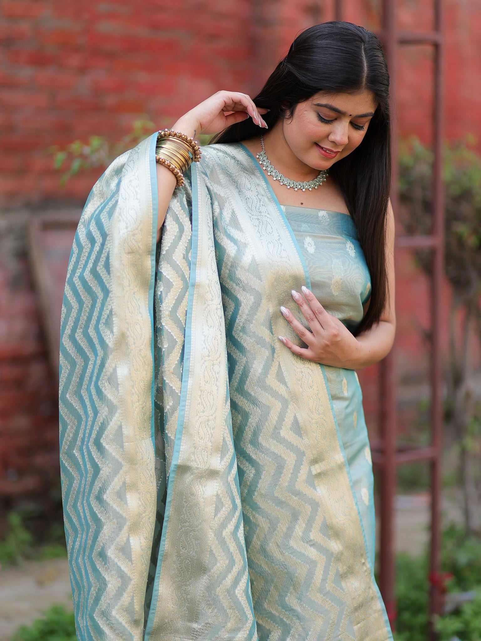 Banarasi Tissue Salwar Kameez with Dupatta- Blue