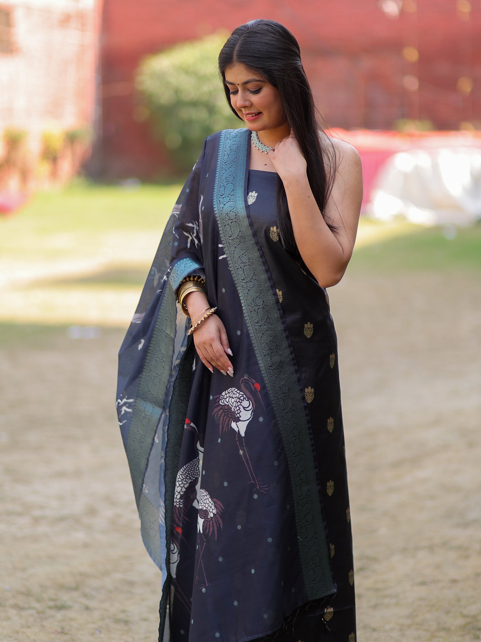 Banarasi Salwar Kameez with Printed Dupatta- Black