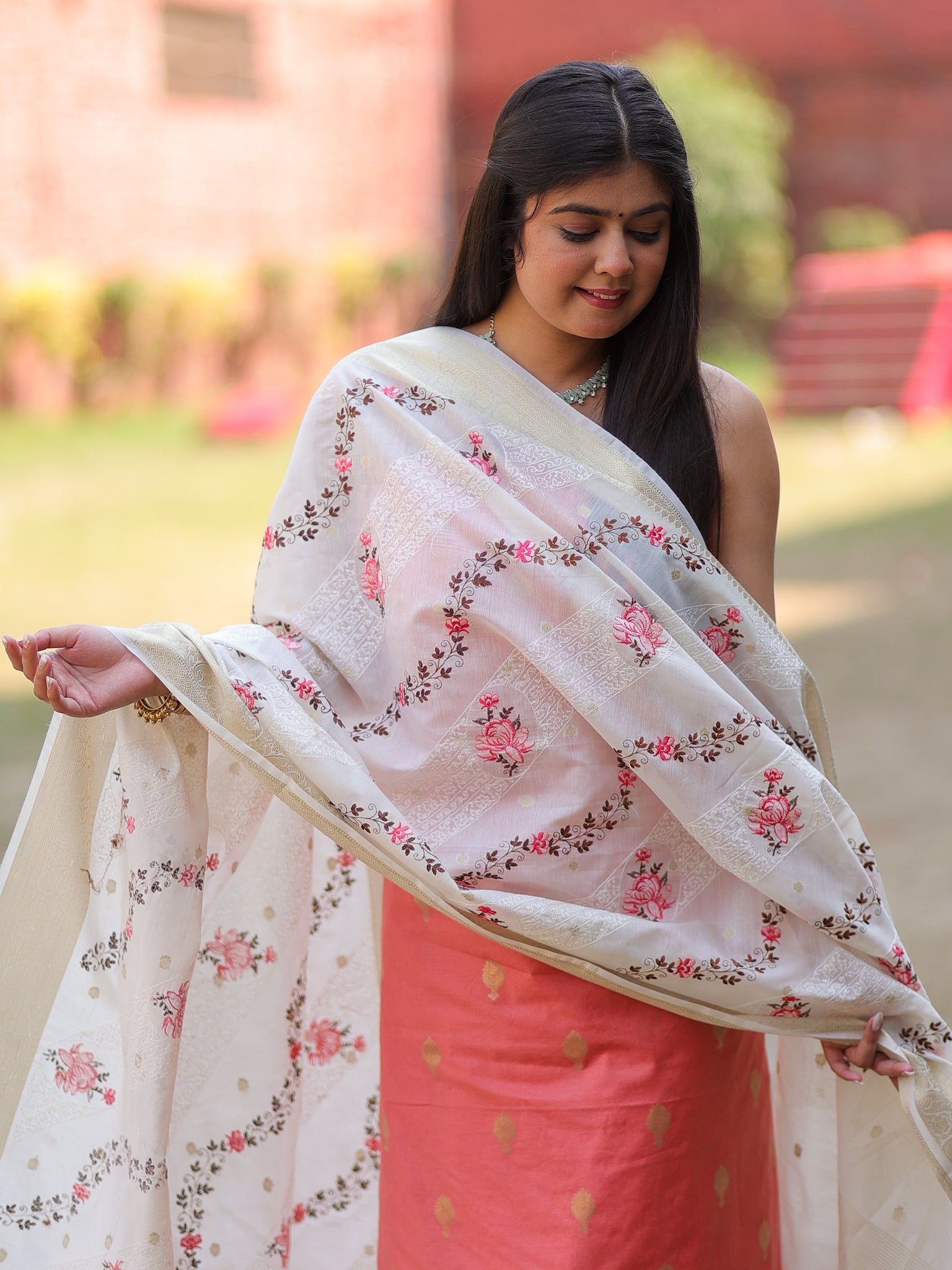 Banarasi Cotton Silk Salwar Kameez with Contrast Dupatta- Pink