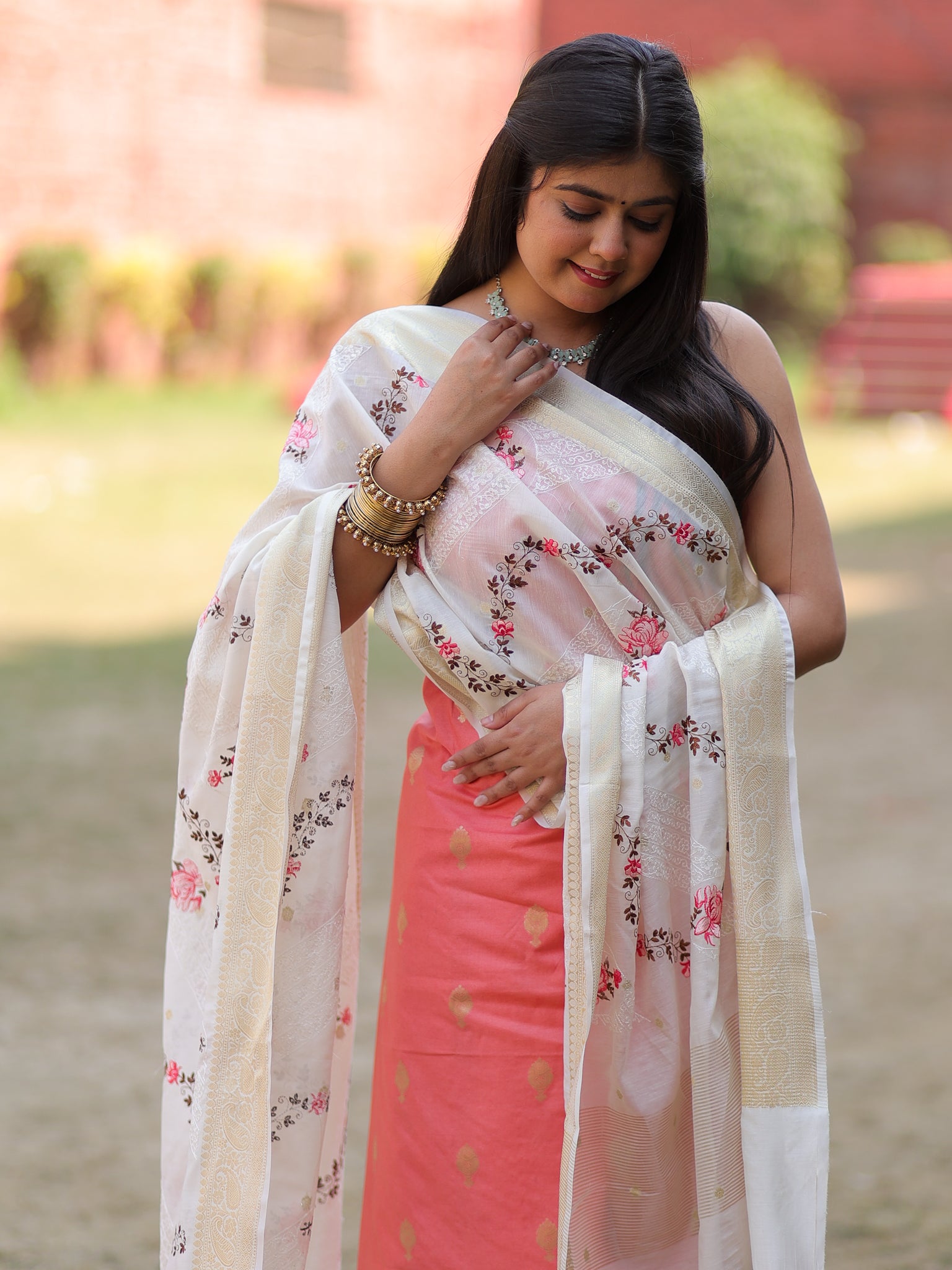 Banarasi Cotton Silk Salwar Kameez with Contrast Dupatta- Pink