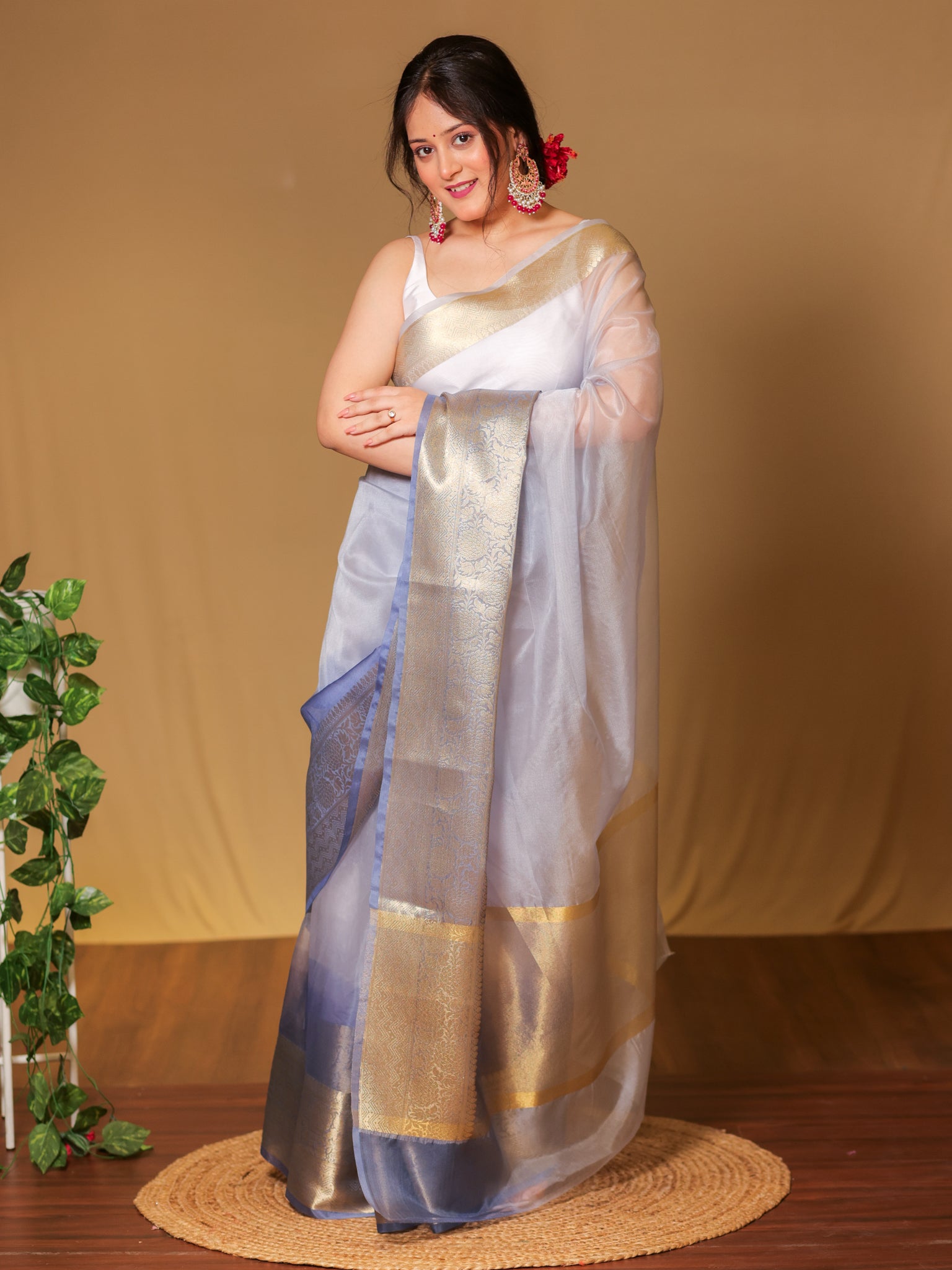 Banarasi Dual shade Organza Saree With Zari Weaving Border- Grey