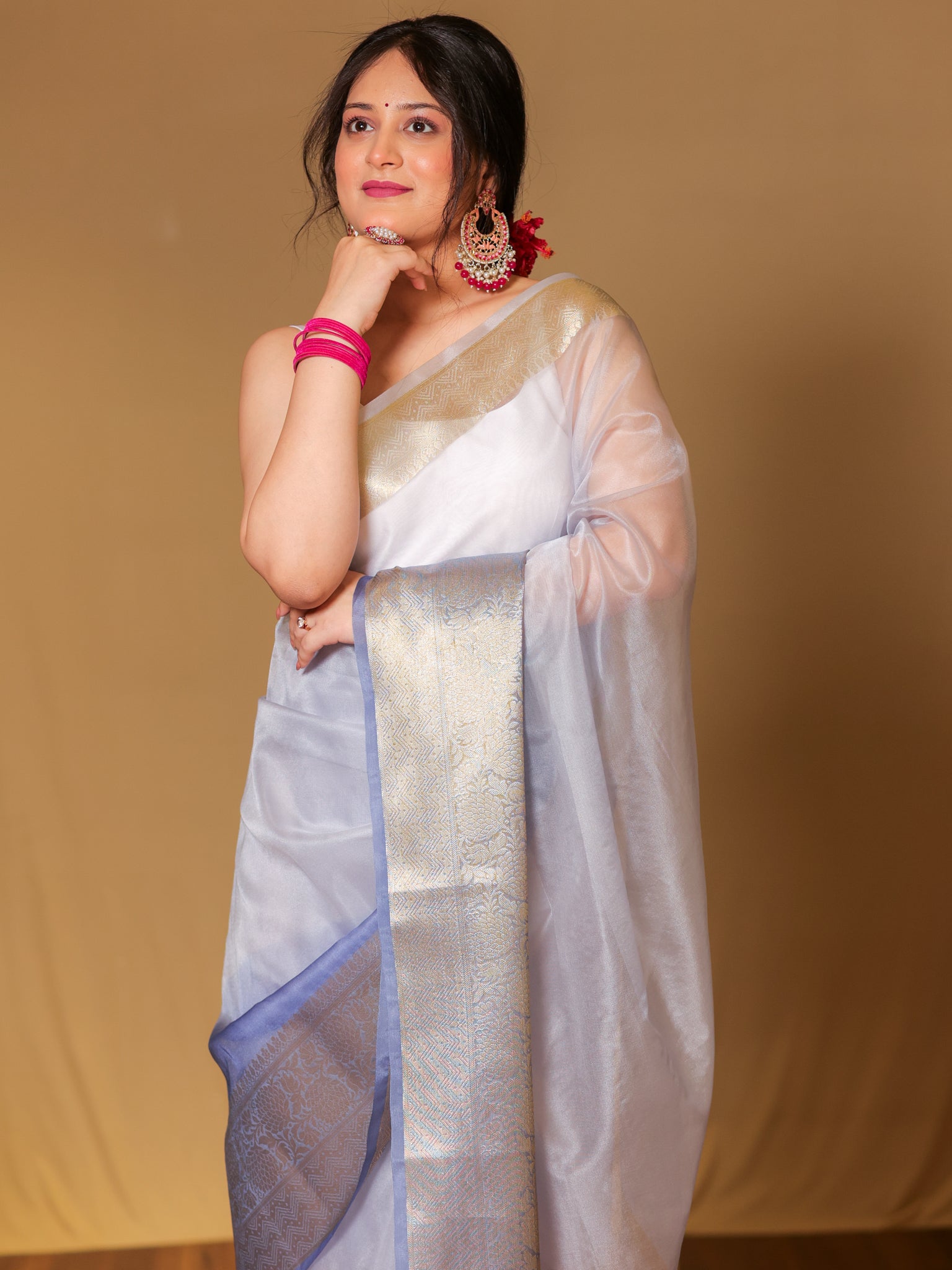 Banarasi Dual shade Organza Saree With Zari Weaving Border- Grey