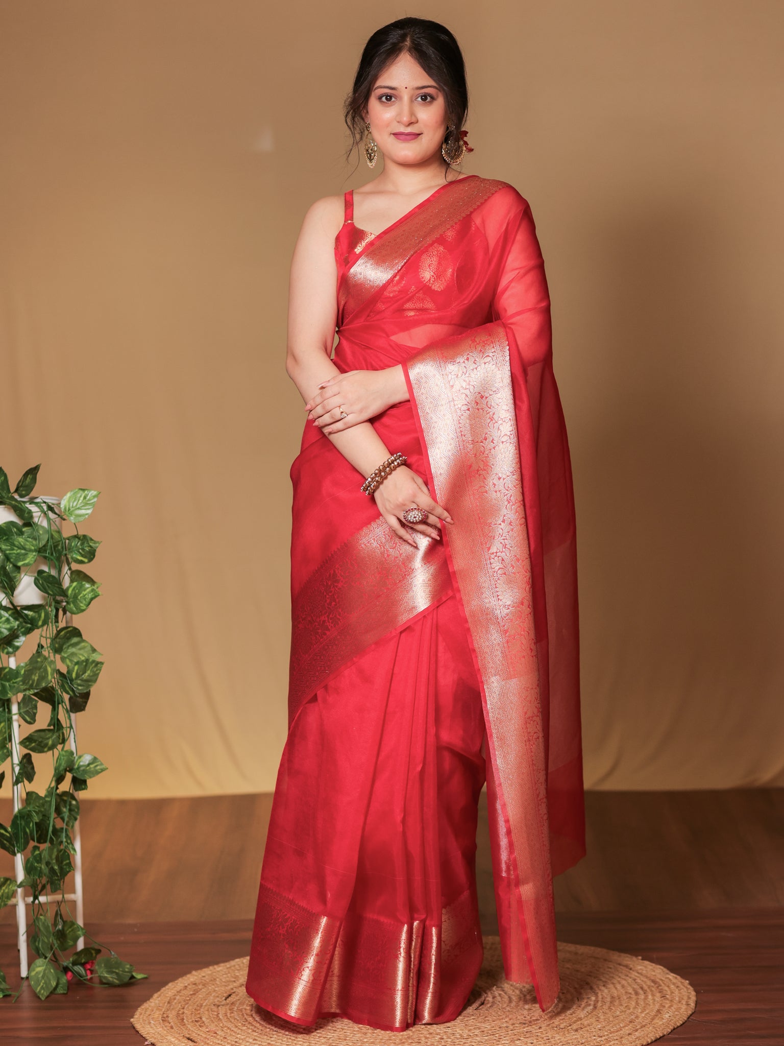 Banarasi Organza Saree With Zari Weaving Border- Red