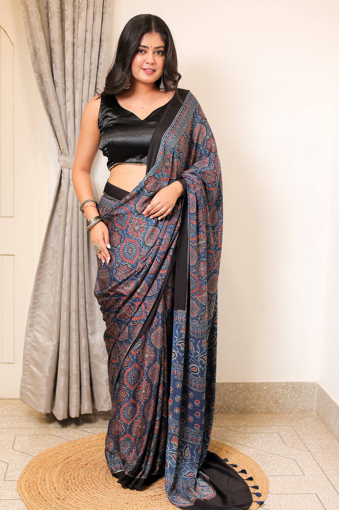 Blue Floral Ajrakh Modal Silk Saree
