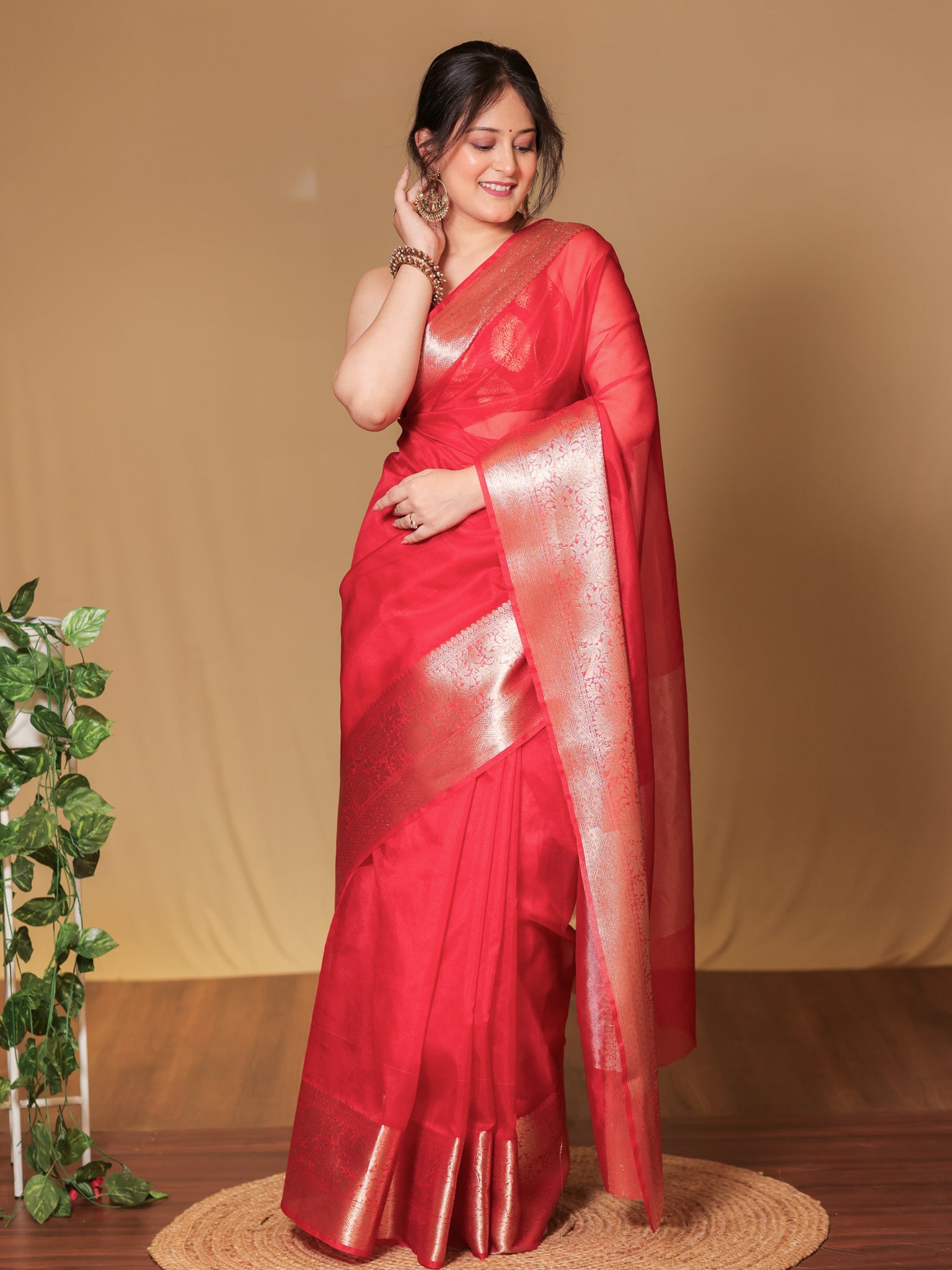 Banarasi Organza Saree With Zari Weaving Border- Red