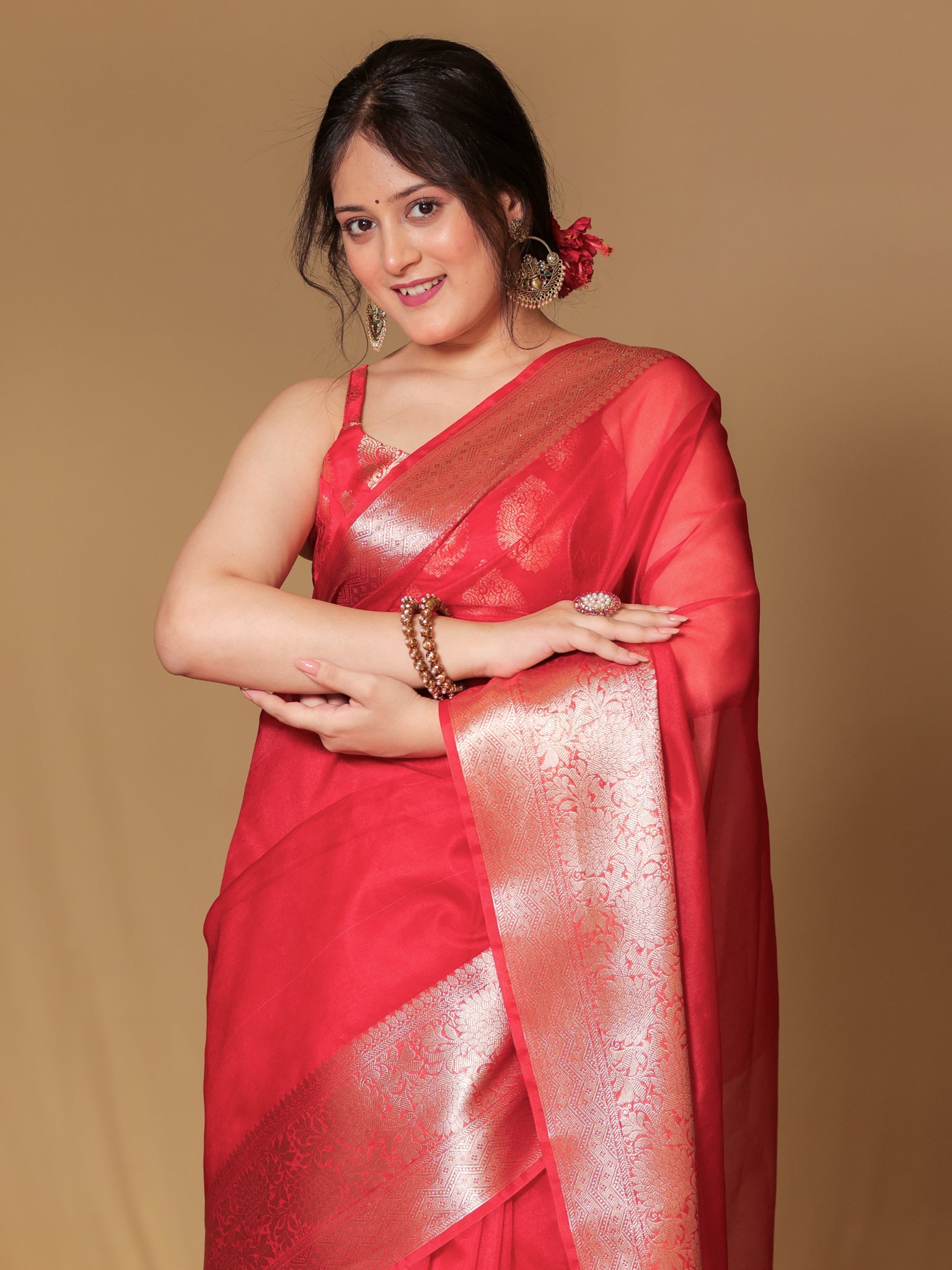 Banarasi Organza Saree With Zari Weaving Border- Red
