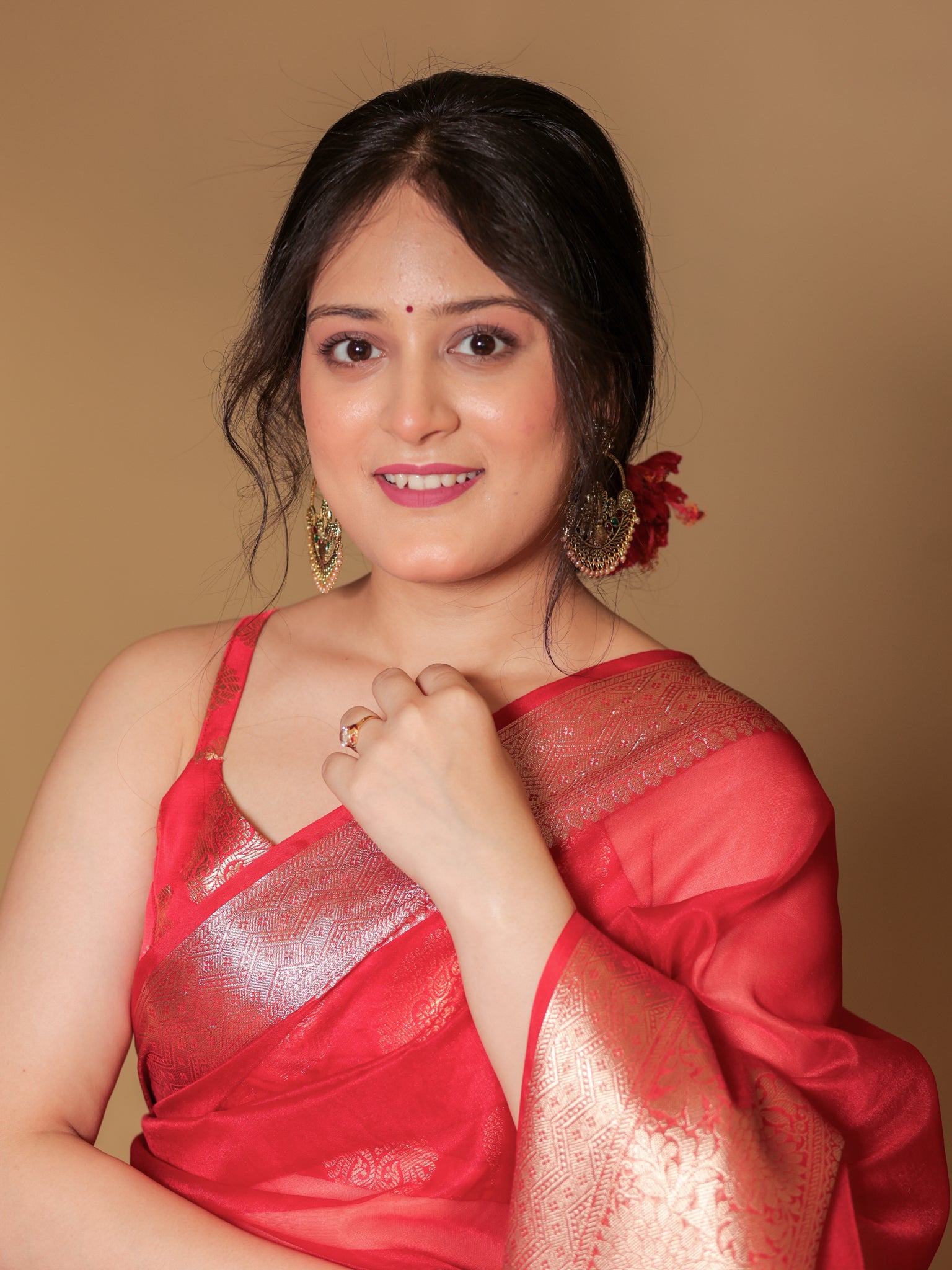 Banarasi Organza Saree With Zari Weaving Border- Red