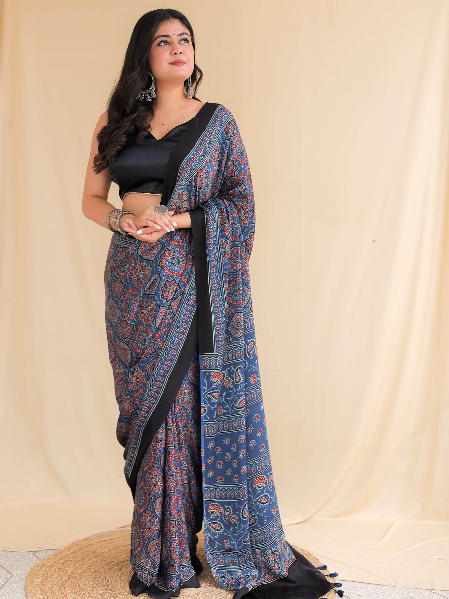 Blue Floral Ajrakh Modal Silk Saree