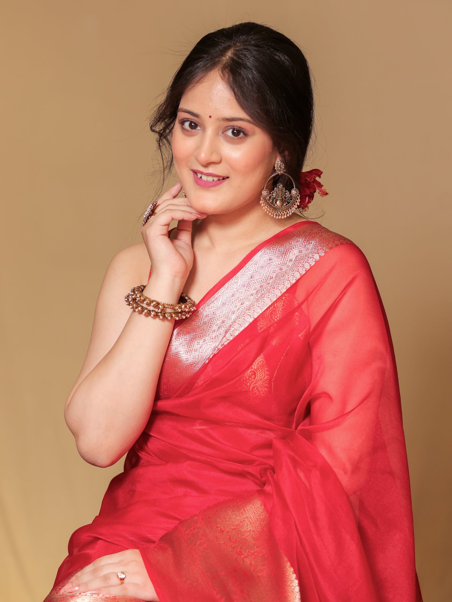 Banarasi Organza Saree With Zari Weaving Border- Red