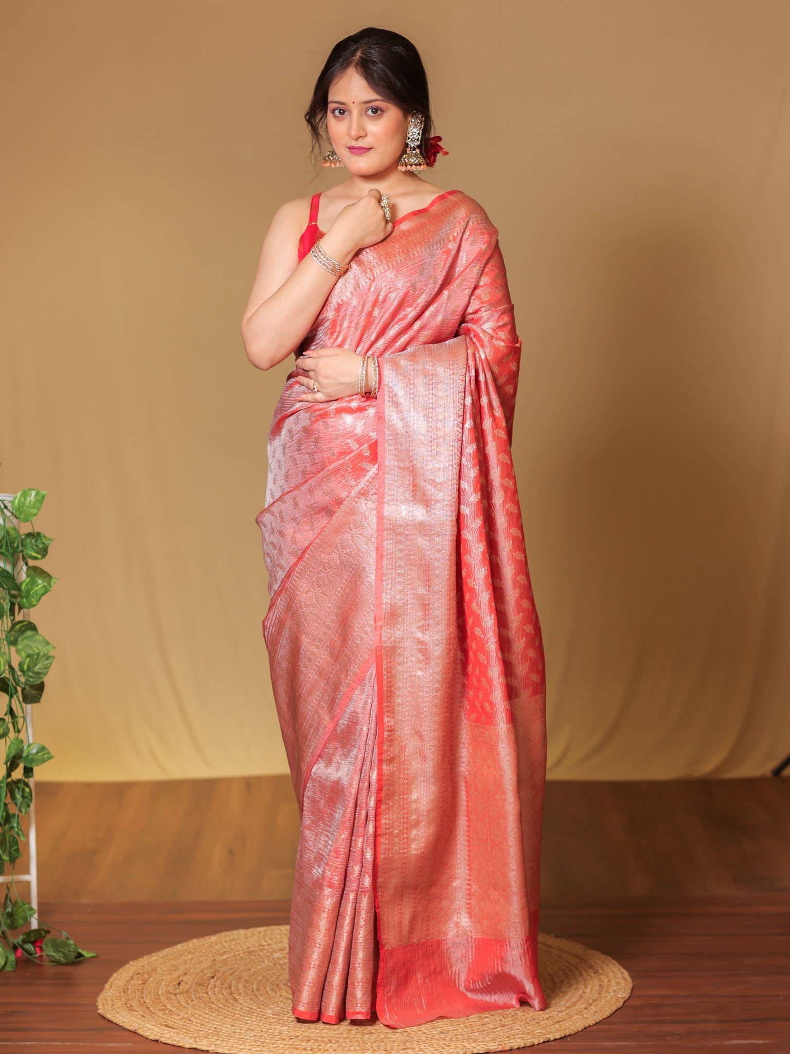 Banarasi Crushed Tissue Saree With Zari Buti Weaving & Border- Red