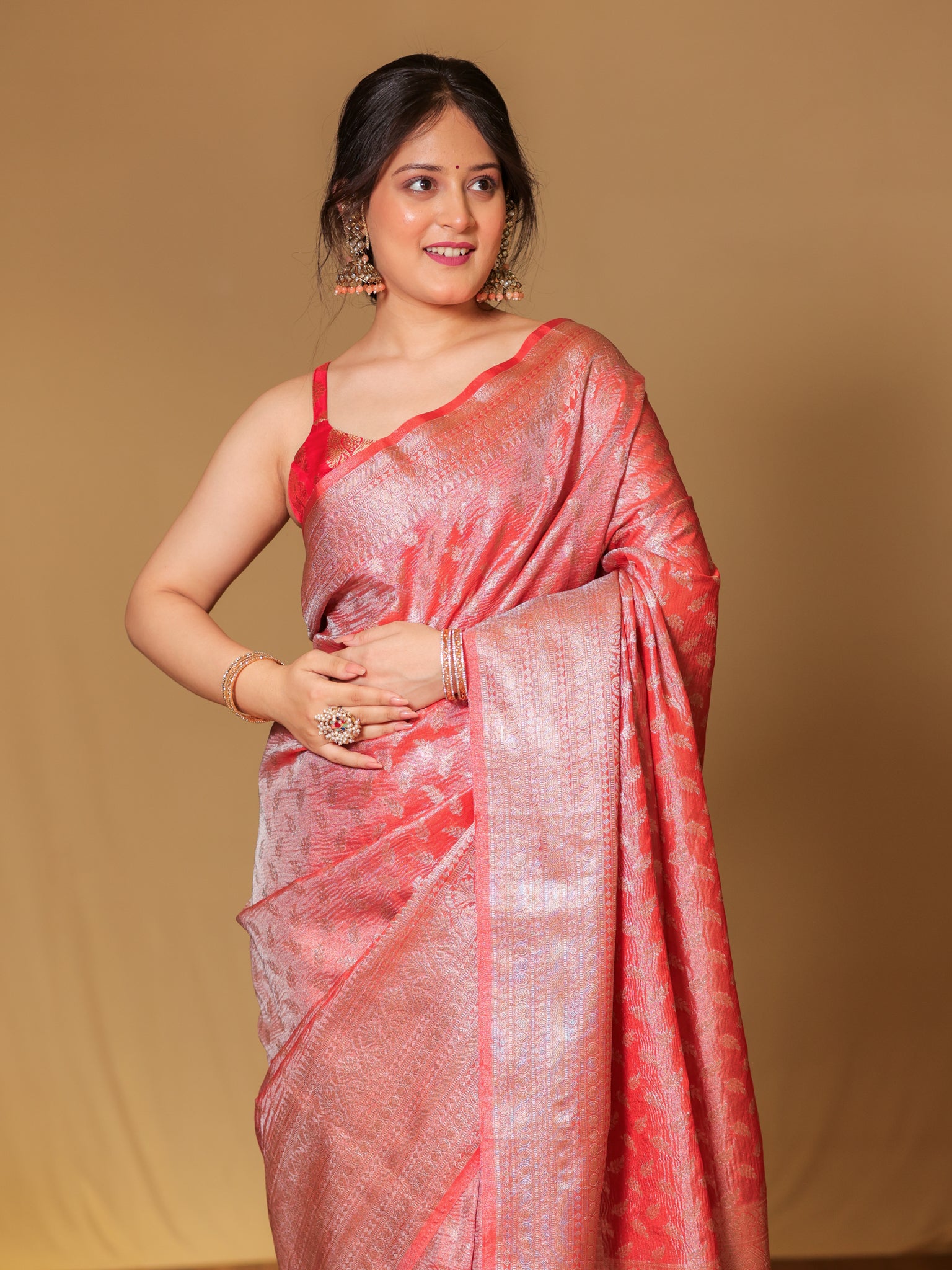 Banarasi Crushed Tissue Saree With Zari Buti Weaving & Border- Red