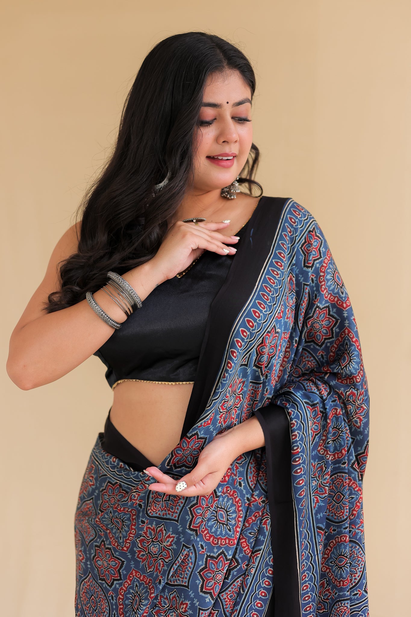 Blue Floral Ajrakh Modal Silk Saree