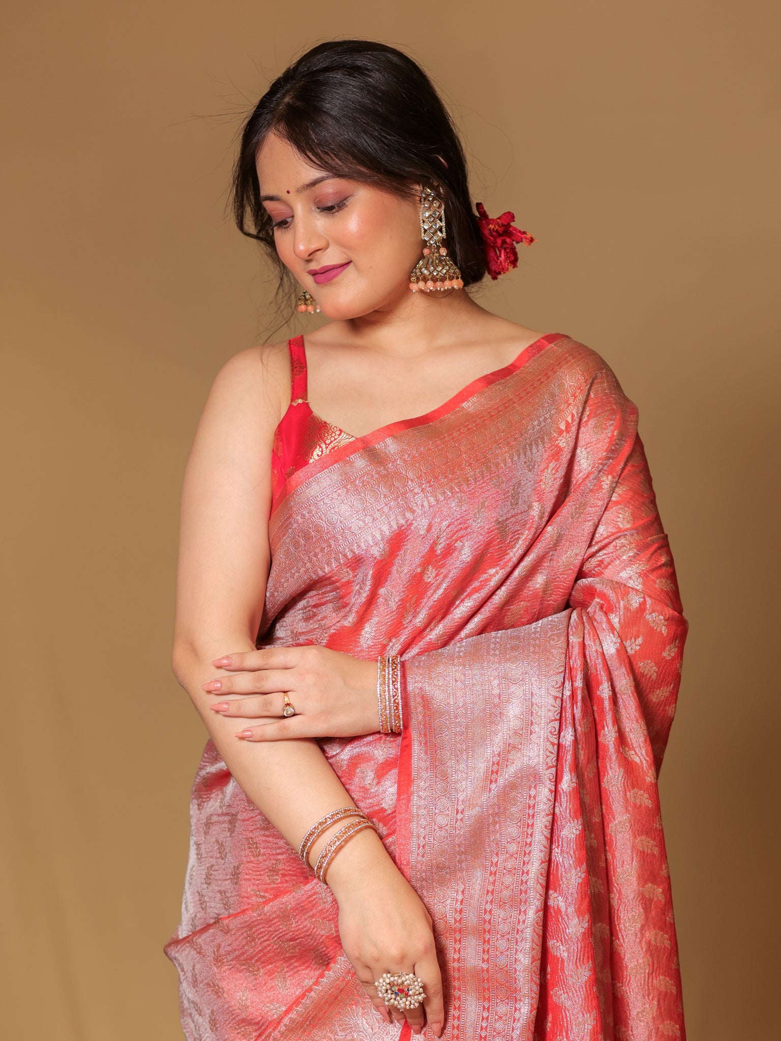 Banarasi Crushed Tissue Saree With Zari Buti Weaving & Border- Red