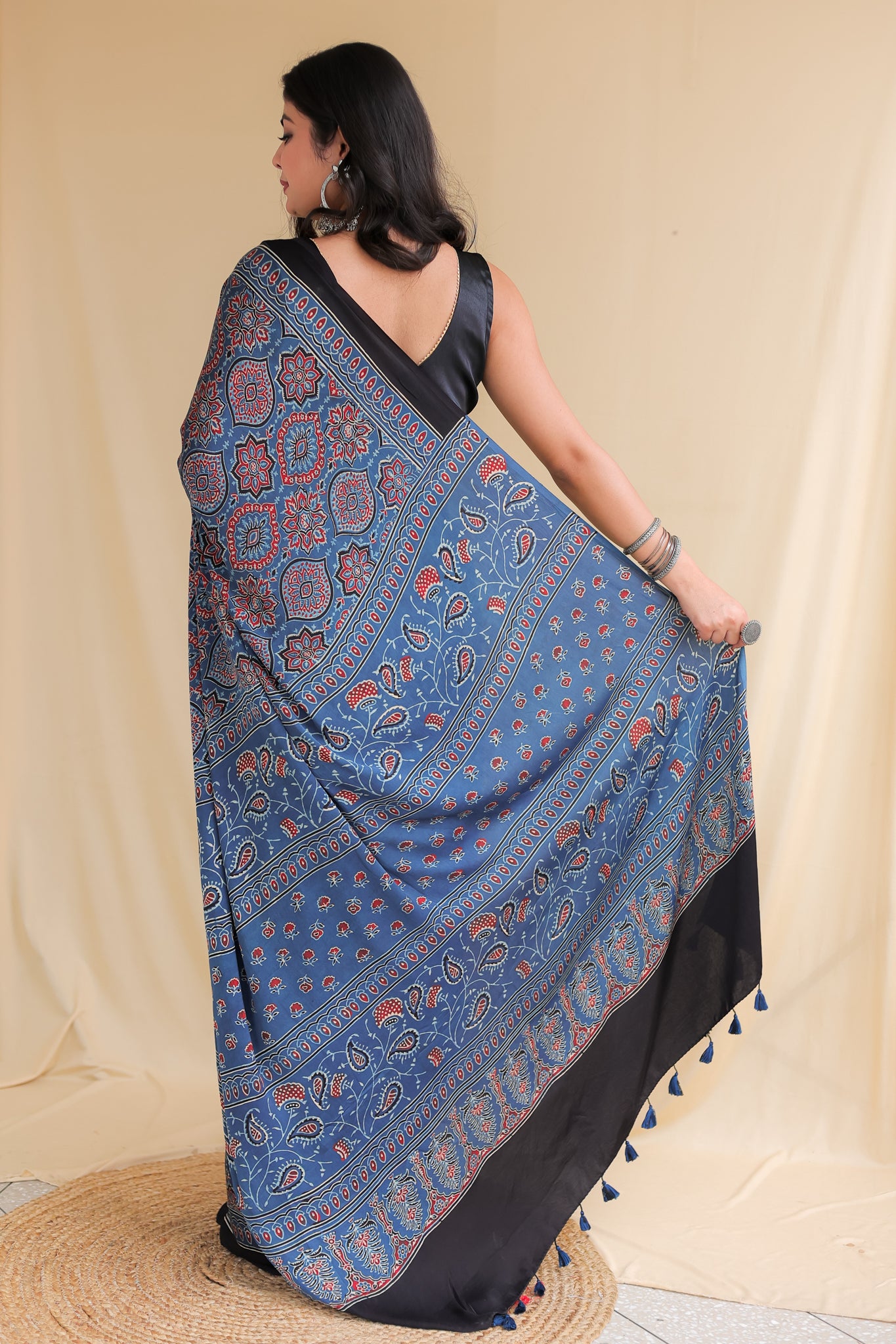 Blue Floral Ajrakh Modal Silk Saree