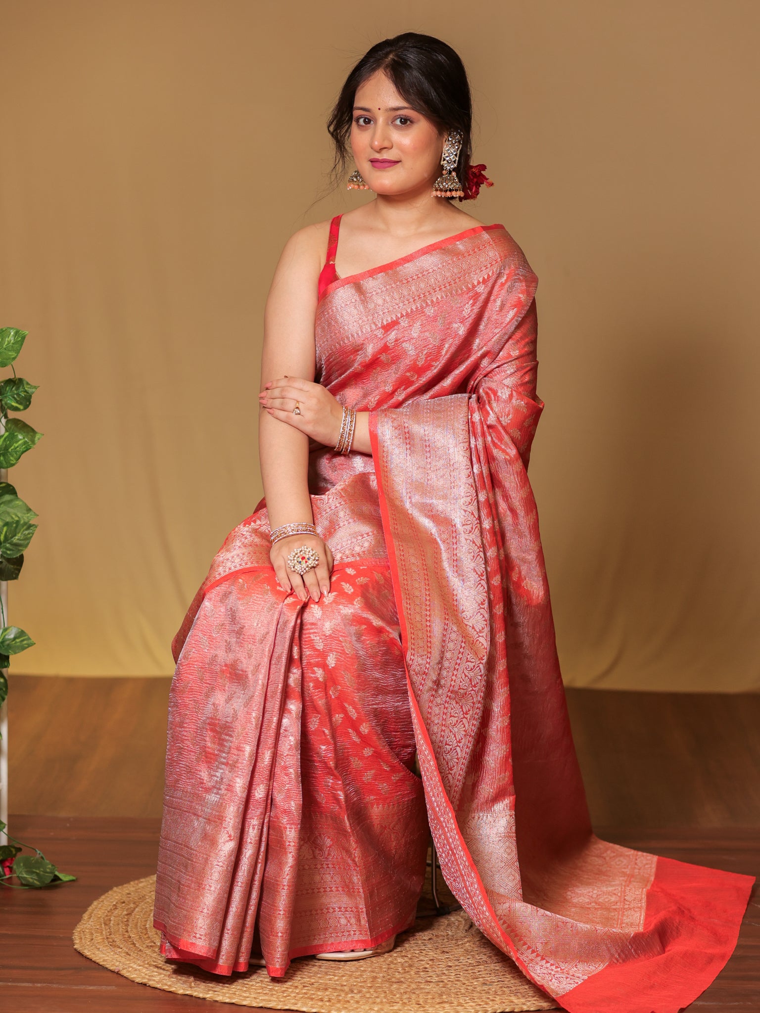 Banarasi Crushed Tissue Saree With Zari Buti Weaving & Border- Red