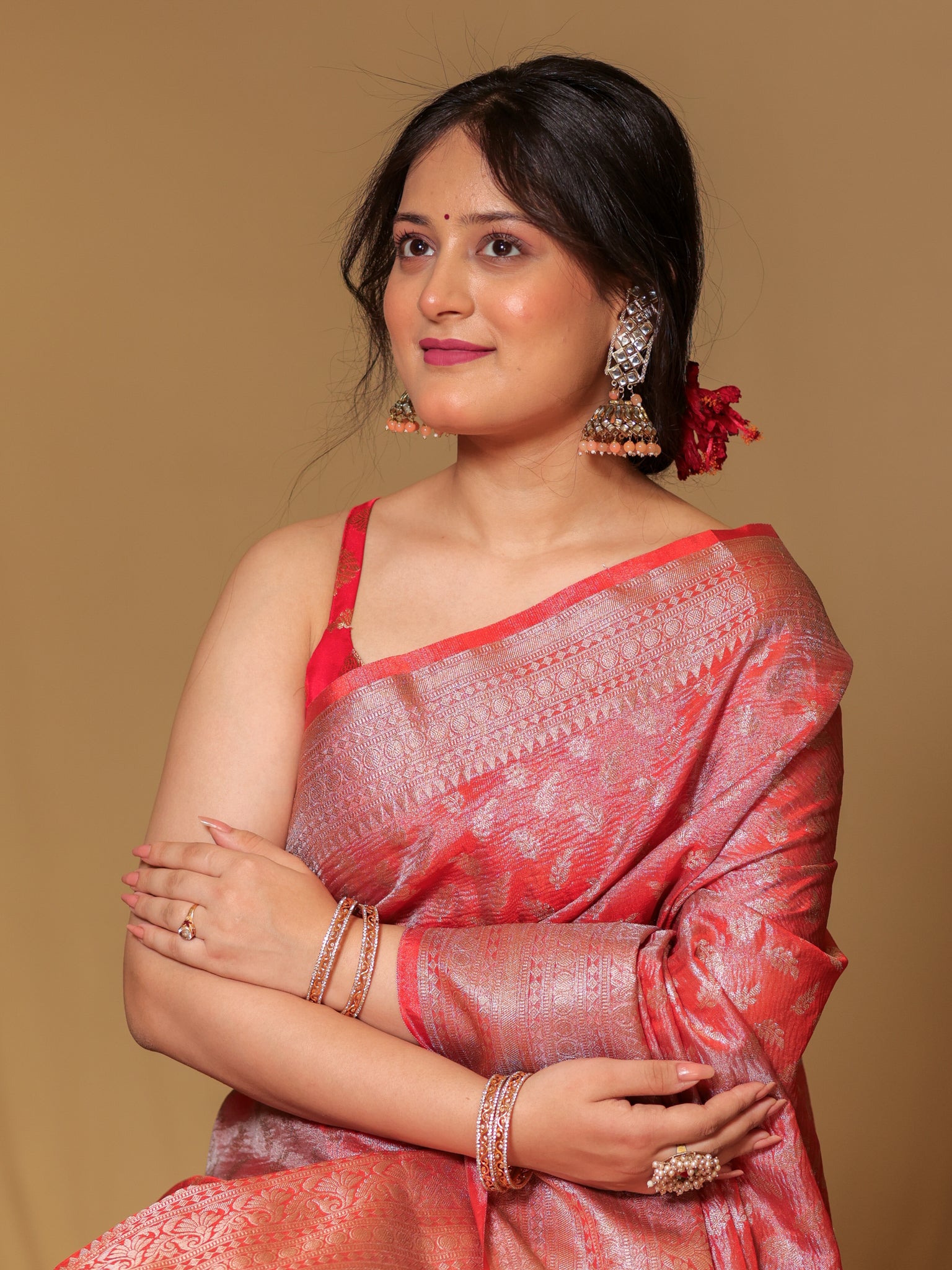 Banarasi Crushed Tissue Saree With Zari Buti Weaving & Border- Red