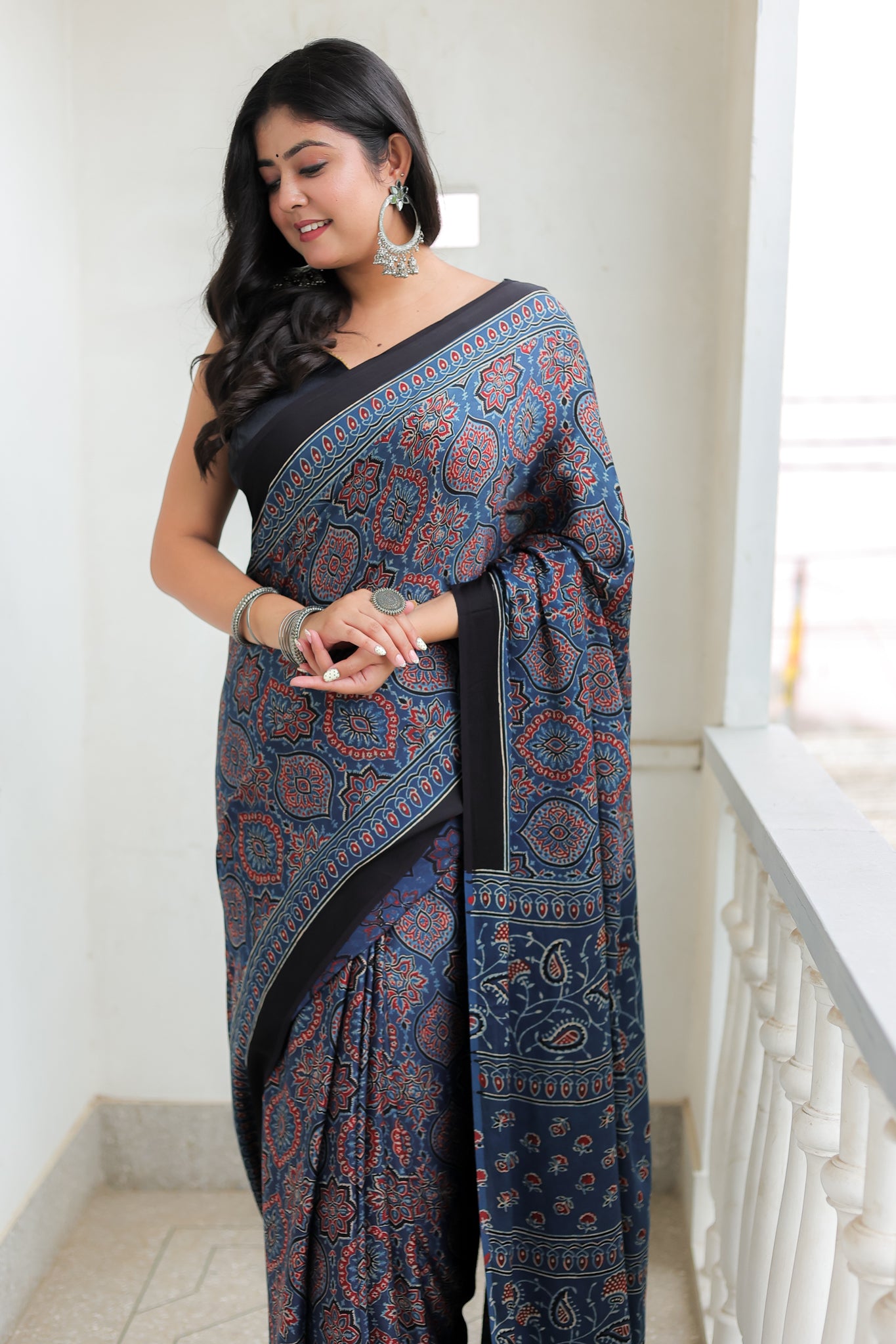 Blue Floral Ajrakh Modal Silk Saree