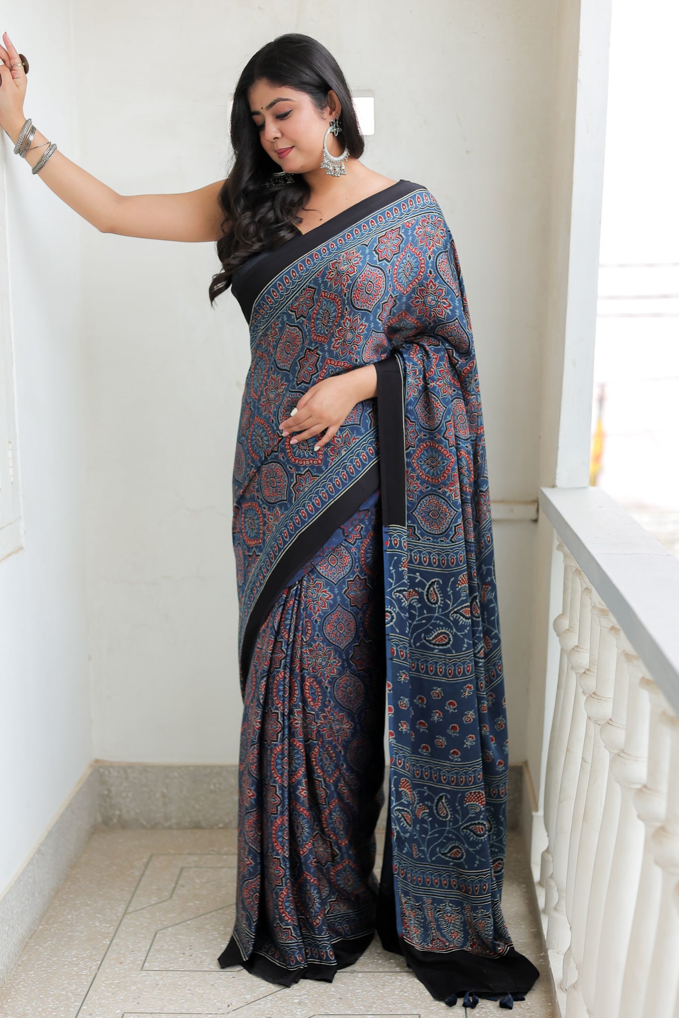 Blue Floral Ajrakh Modal Silk Saree