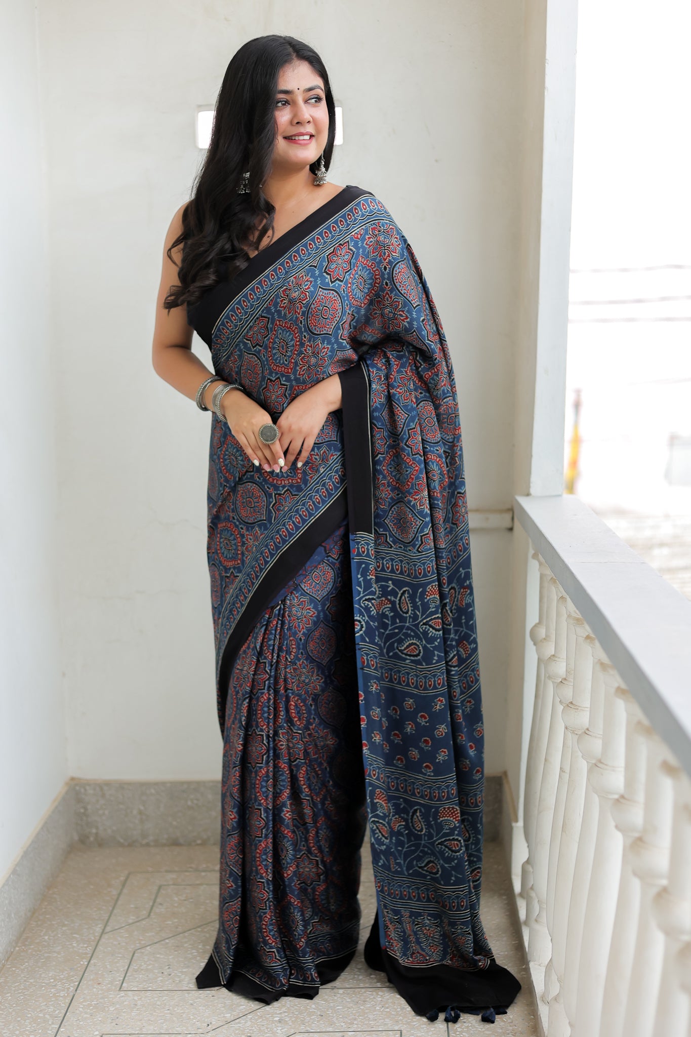 Blue Floral Ajrakh Modal Silk Saree