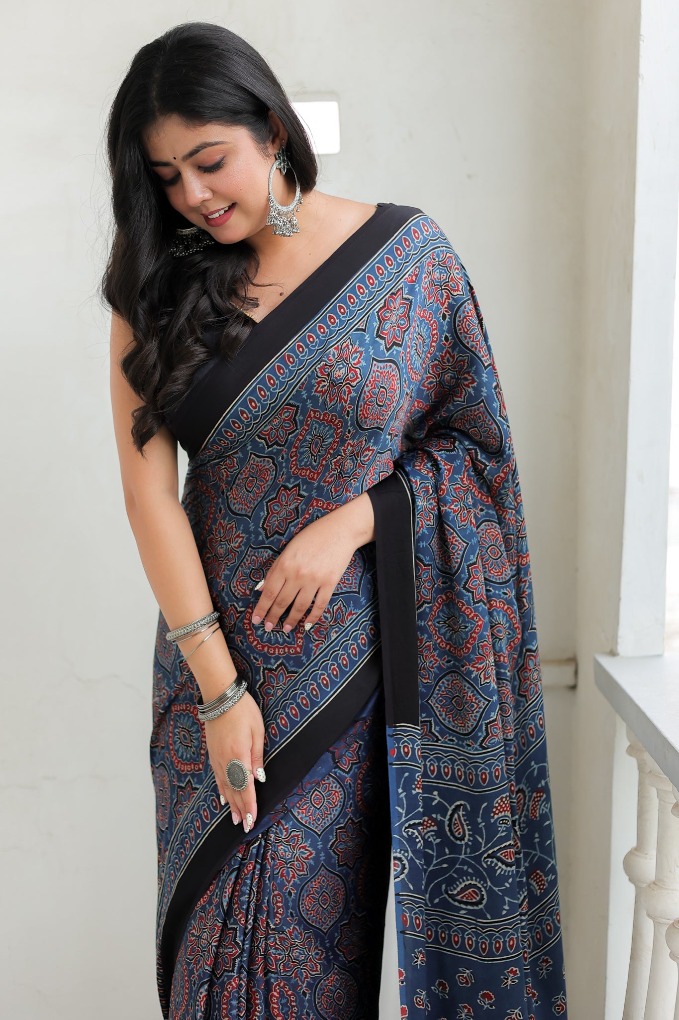Blue Floral Ajrakh Modal Silk Saree