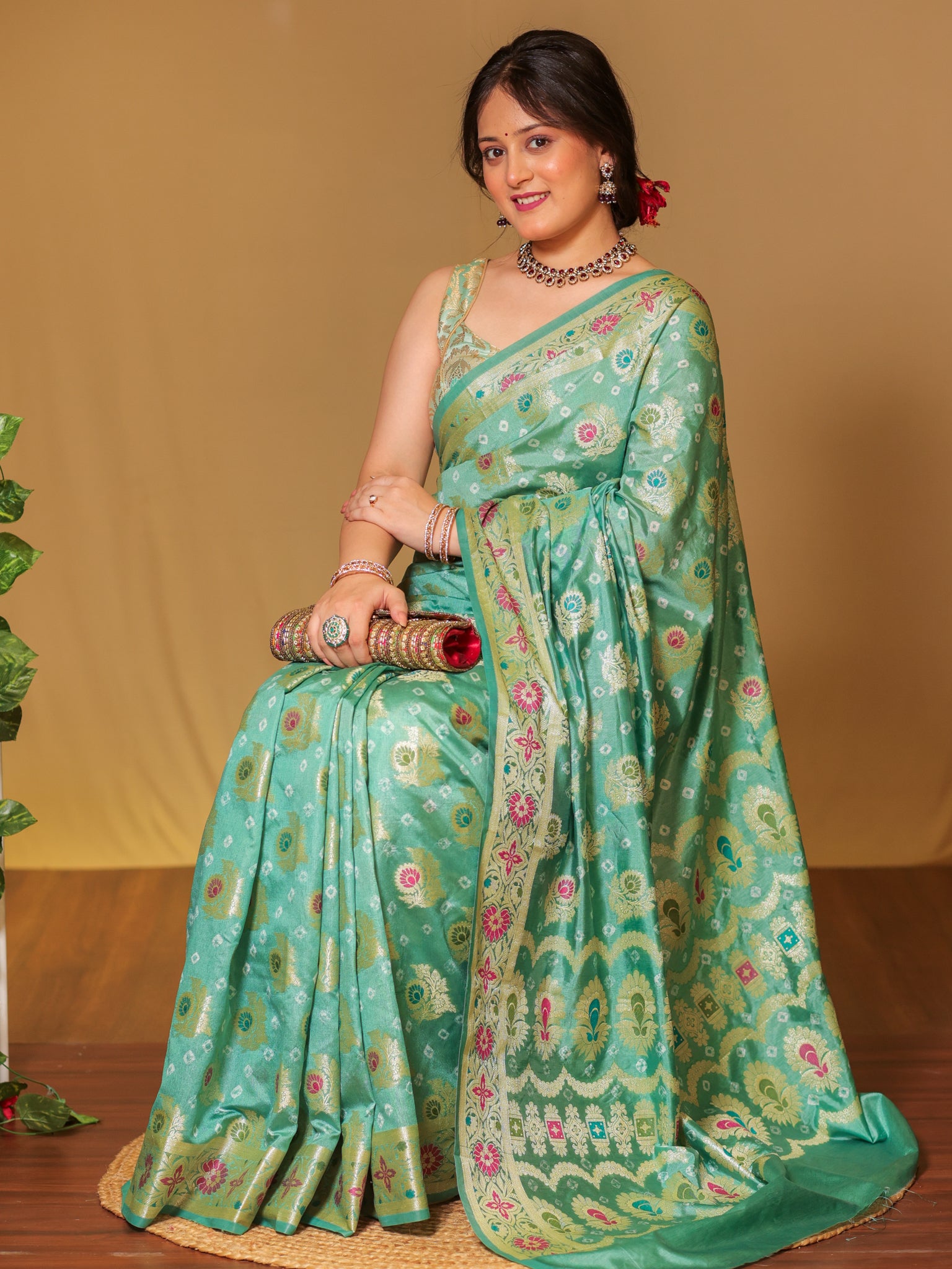 Banarasi Cotton Silk Bandhani Saree With Meena Weaving-Blue