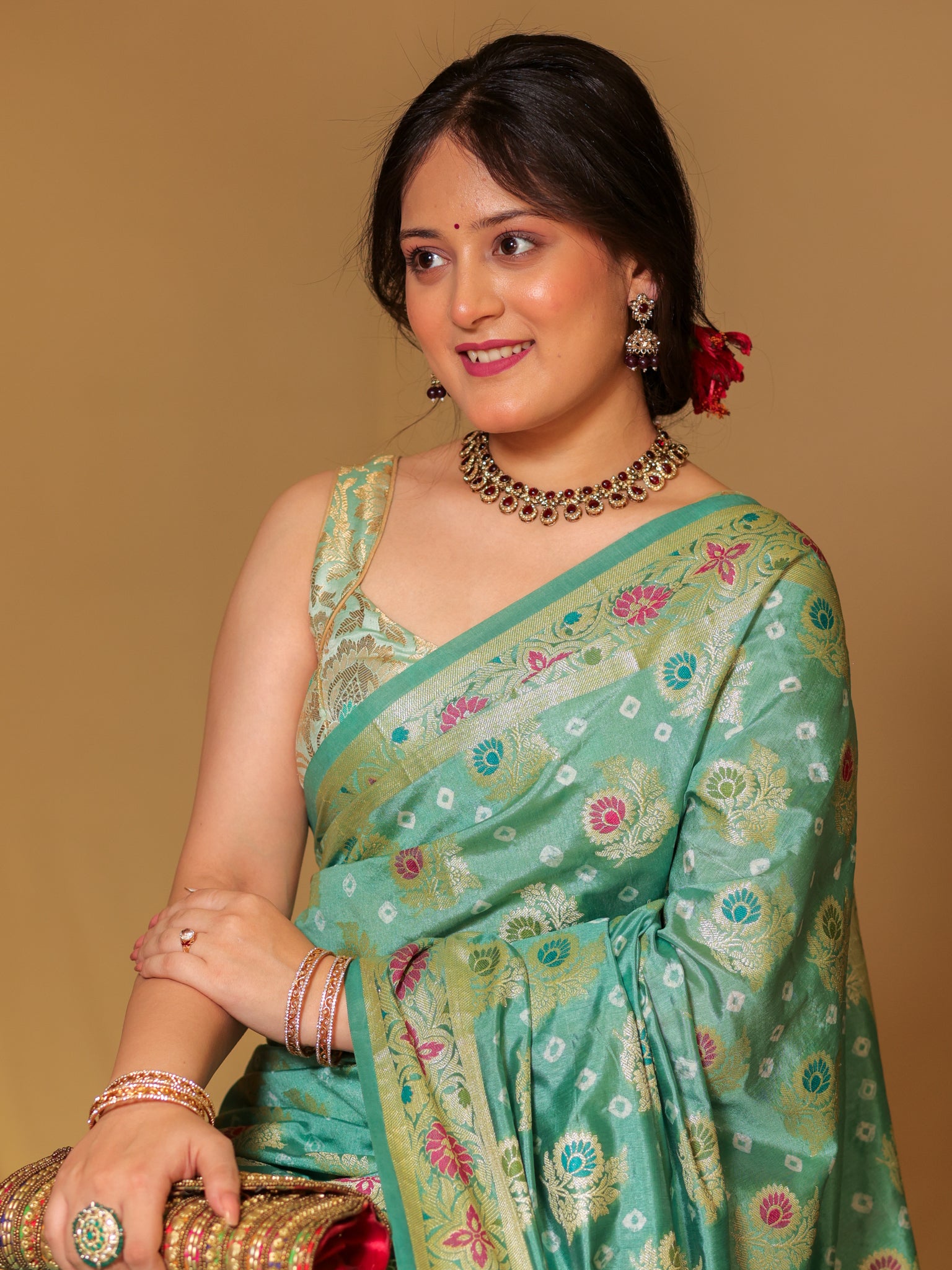 Banarasi Cotton Silk Bandhani Saree With Meena Weaving-Blue