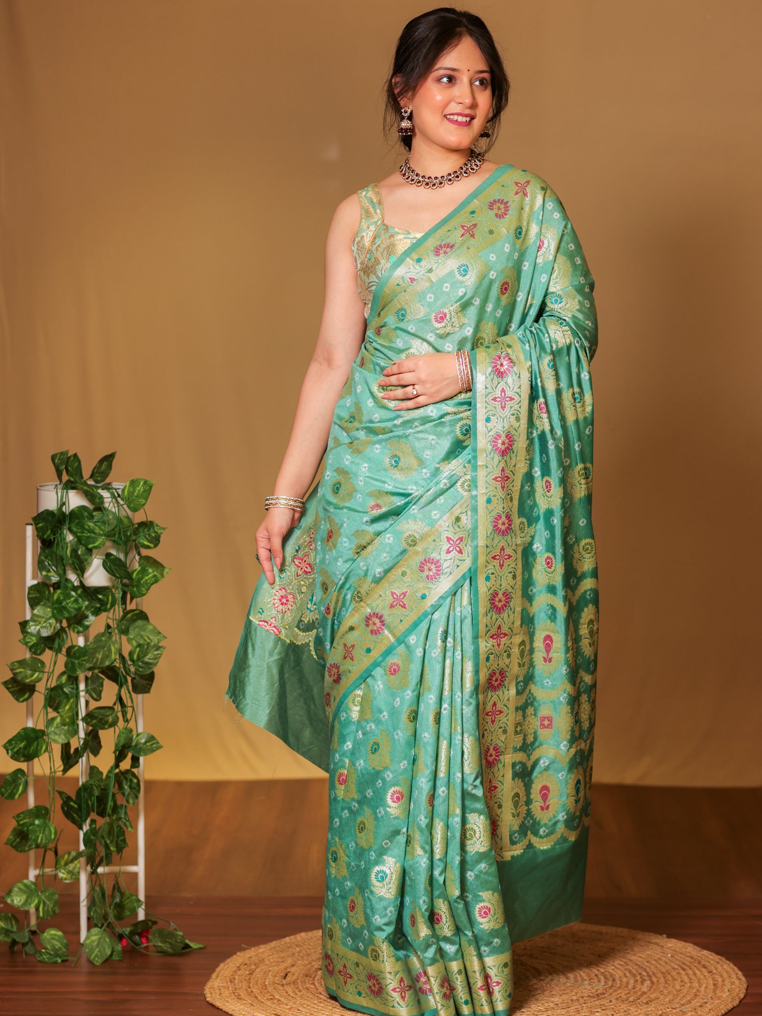 Banarasi Cotton Silk Bandhani Saree With Meena Weaving-Blue