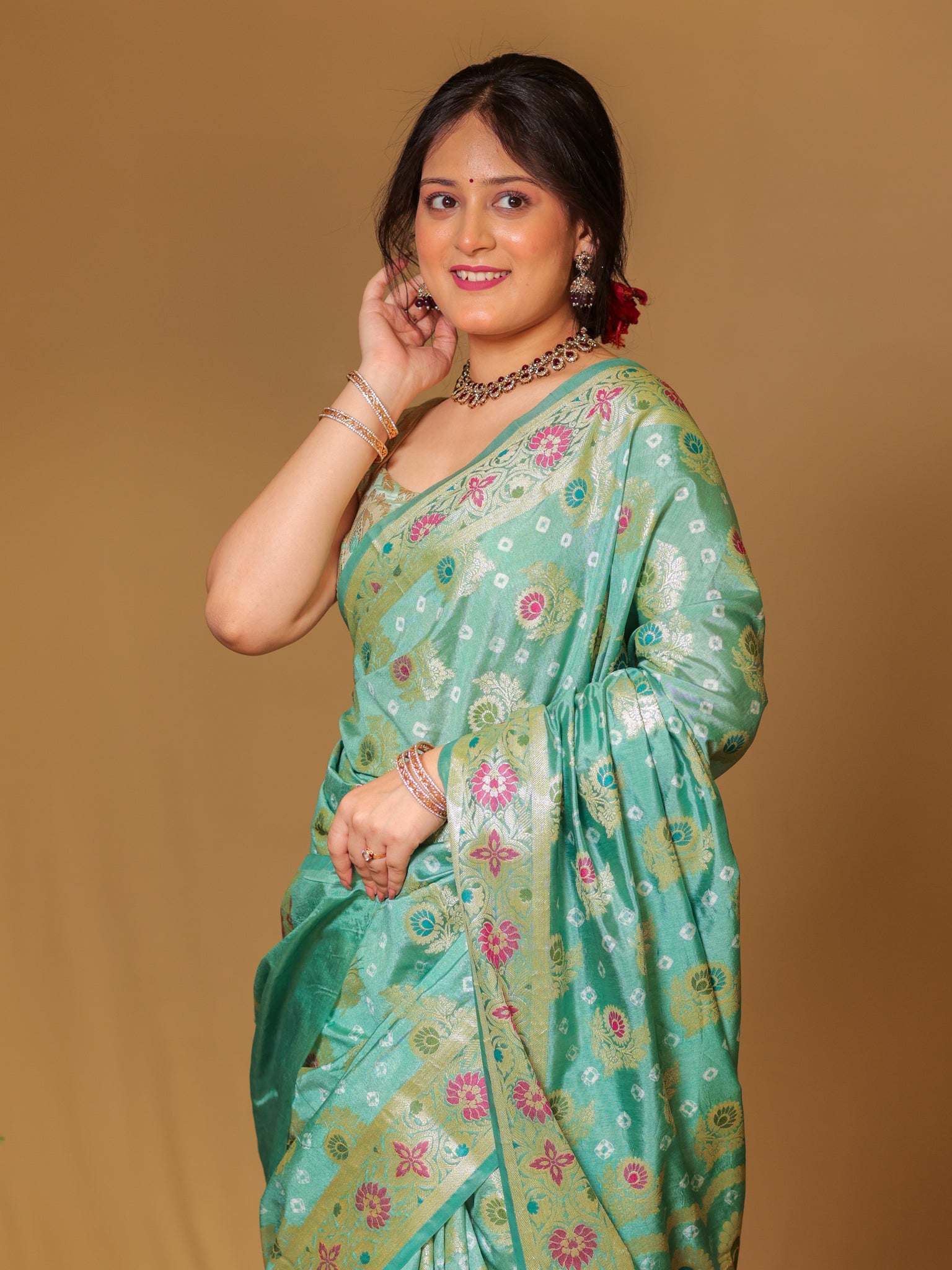 Banarasi Cotton Silk Bandhani Saree With Meena Weaving-Blue