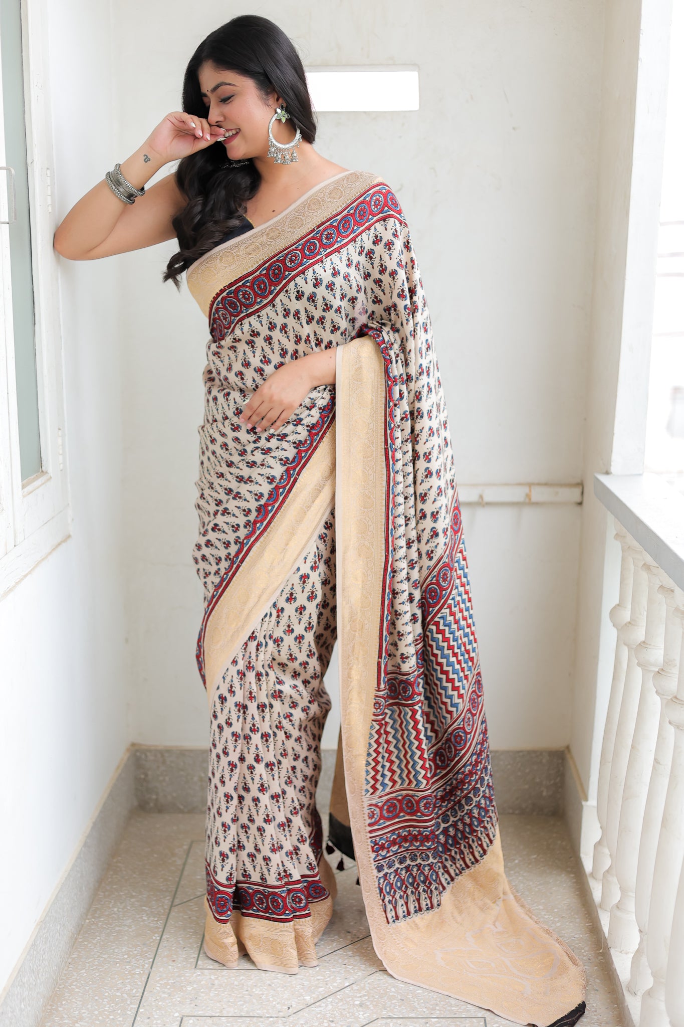 White Floral Ajrakh Dola Silk Saree With Zari Weaving