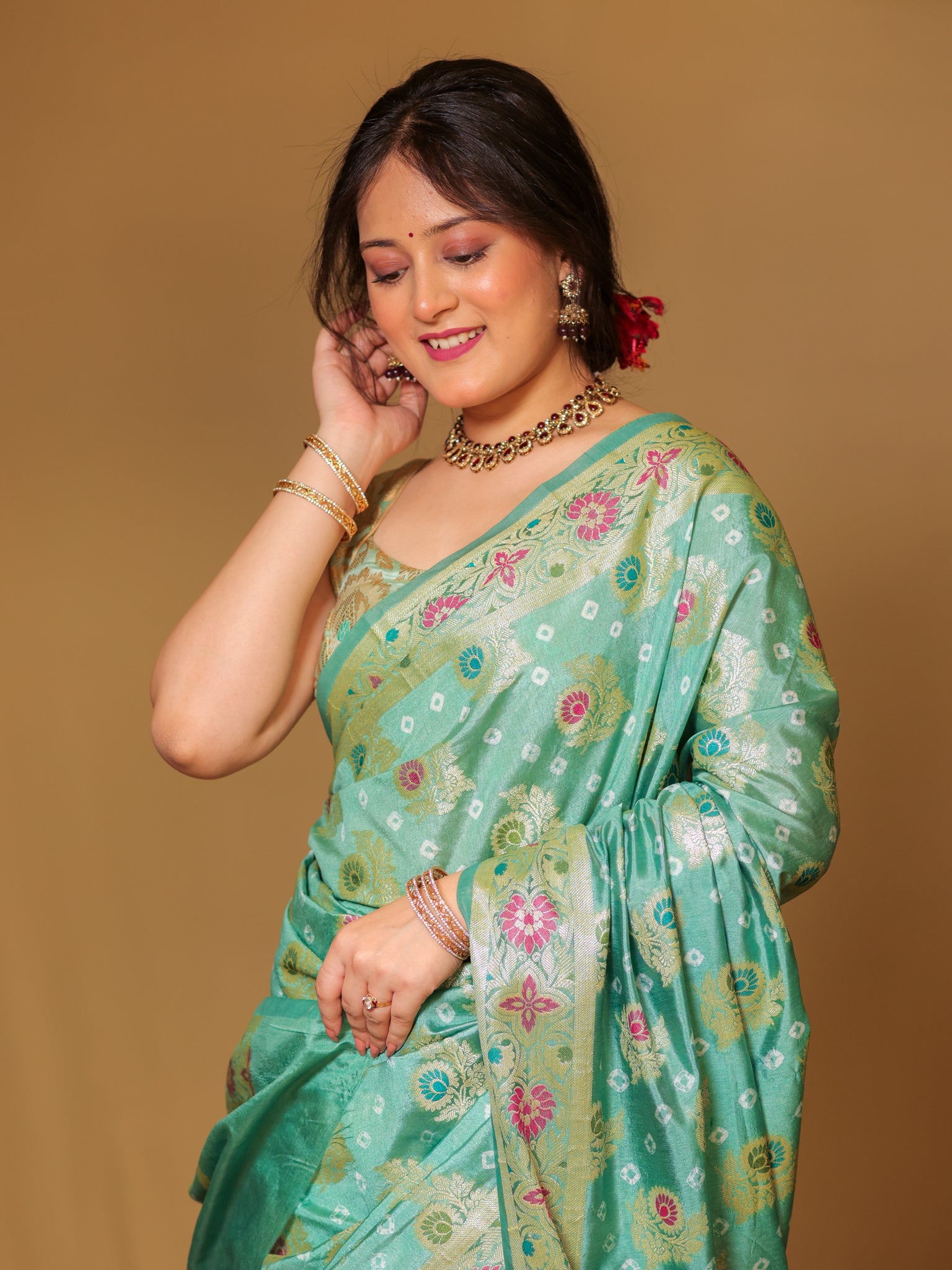 Banarasi Cotton Silk Bandhani Saree With Meena Weaving-Blue
