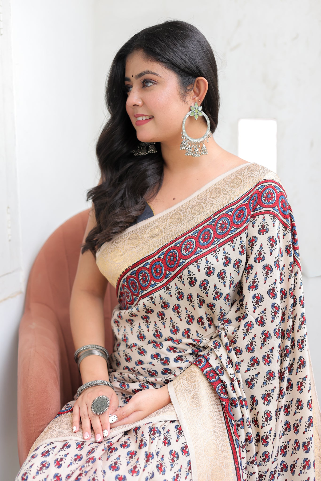 White Floral Ajrakh Dola Silk Saree With Zari Weaving