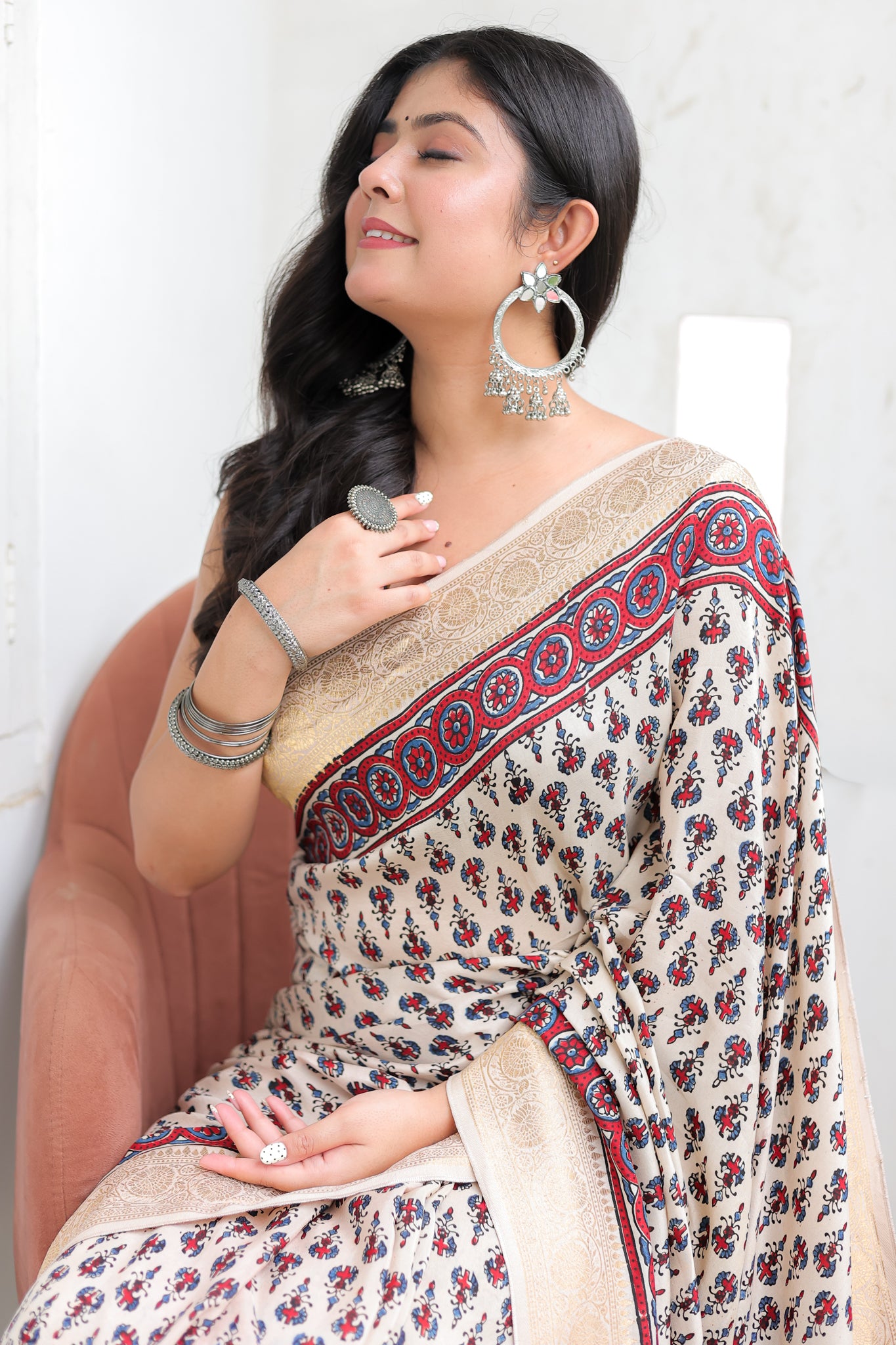 White Floral Ajrakh Dola Silk Saree With Zari Weaving