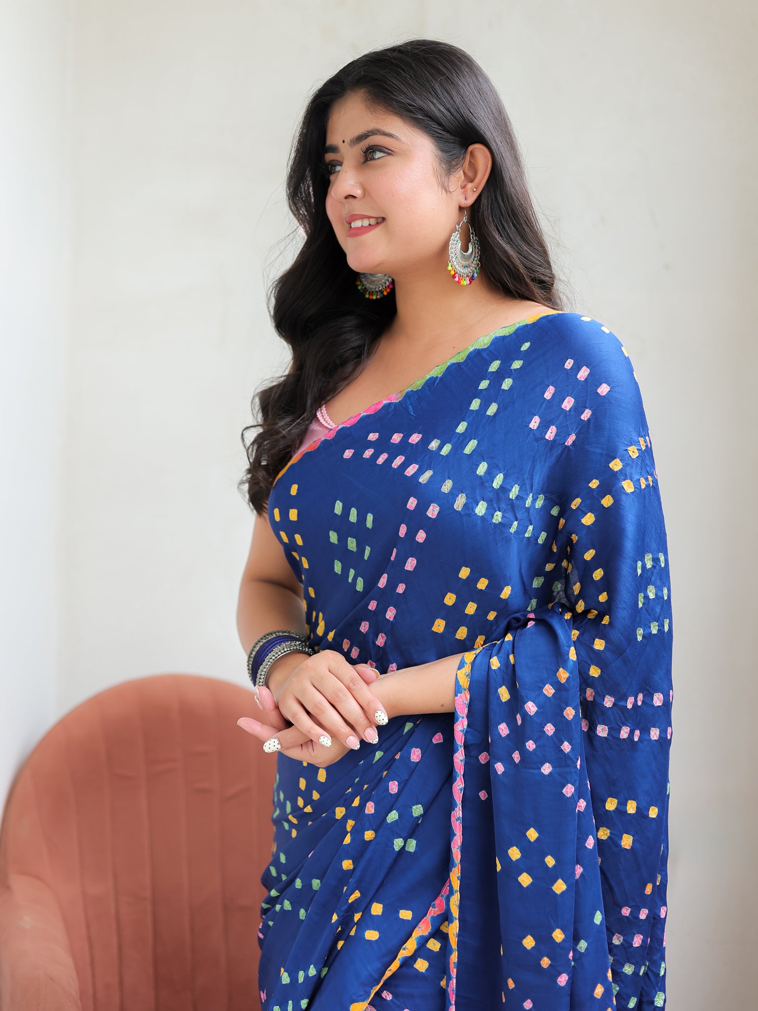 Blue Multicoloured Bandhej Modal Saree