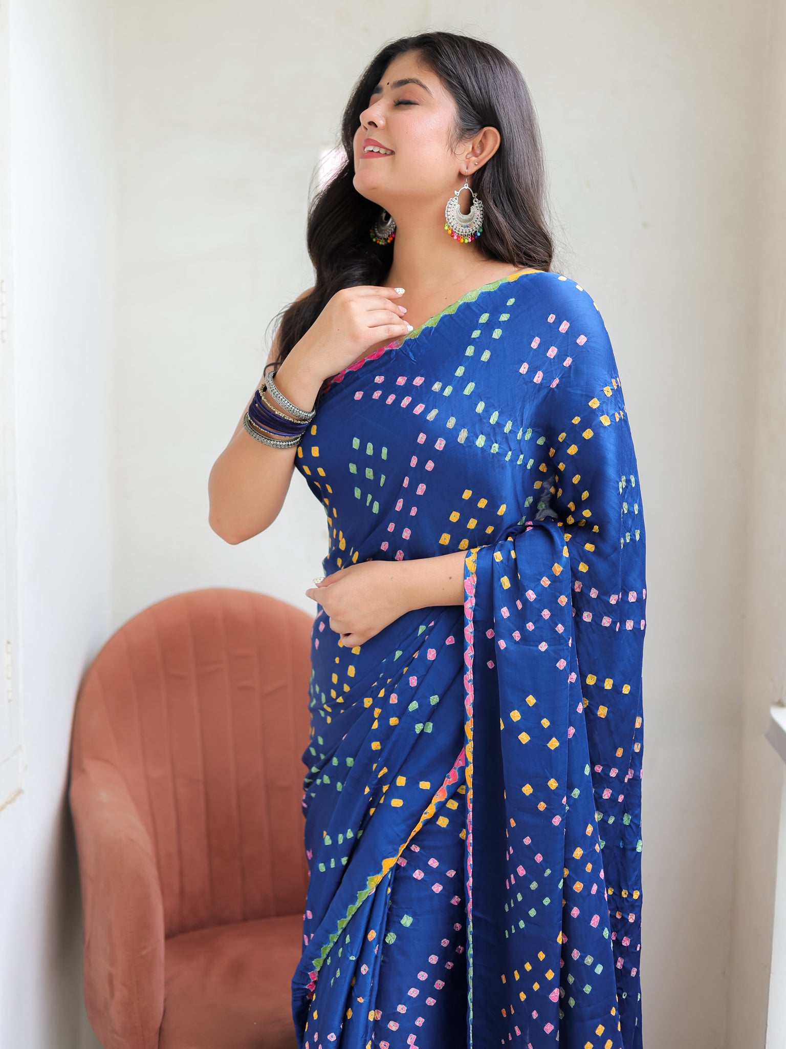 Blue Multicoloured Bandhej Modal Saree