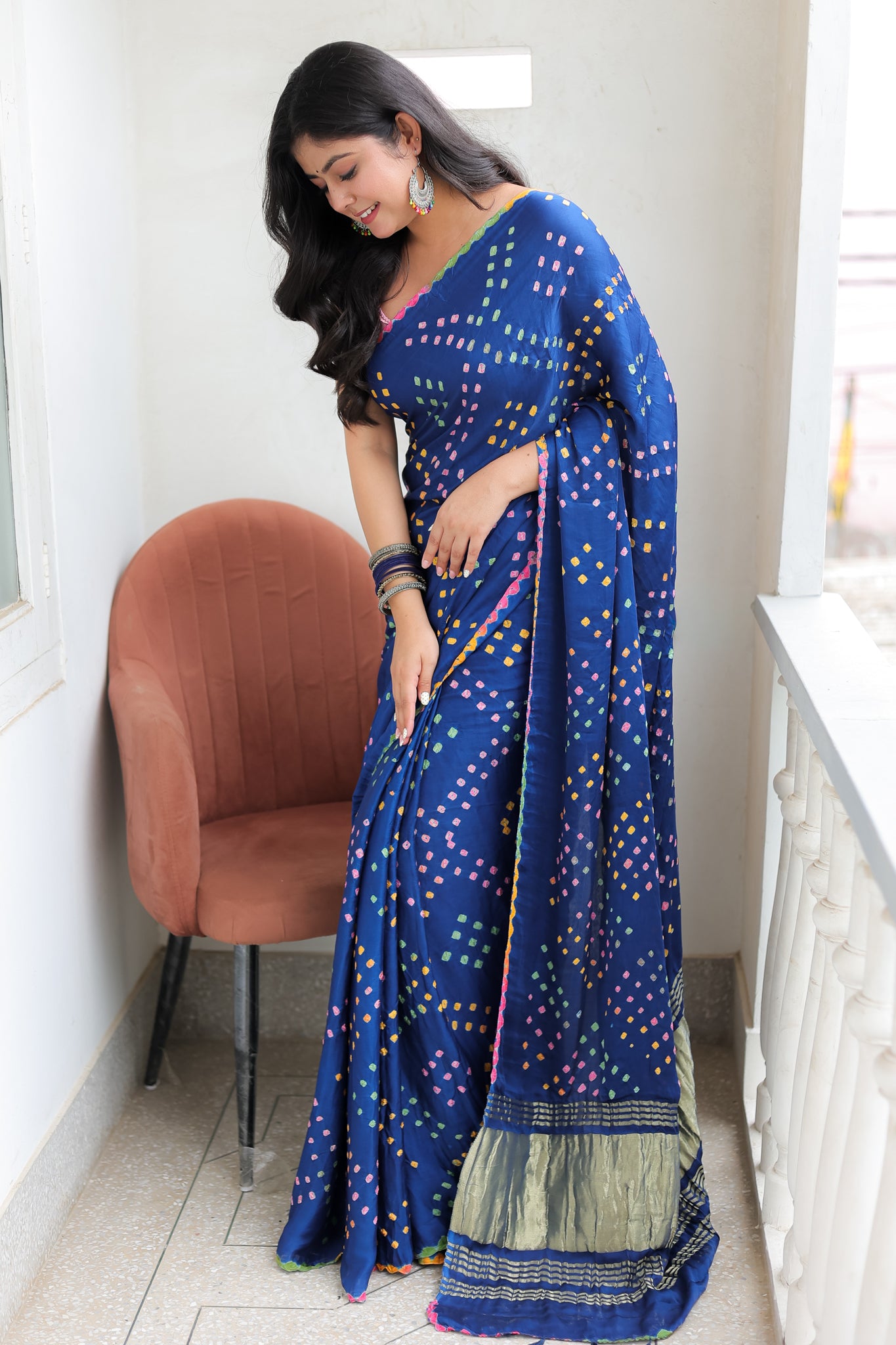 Blue Multicoloured Bandhej Modal Saree